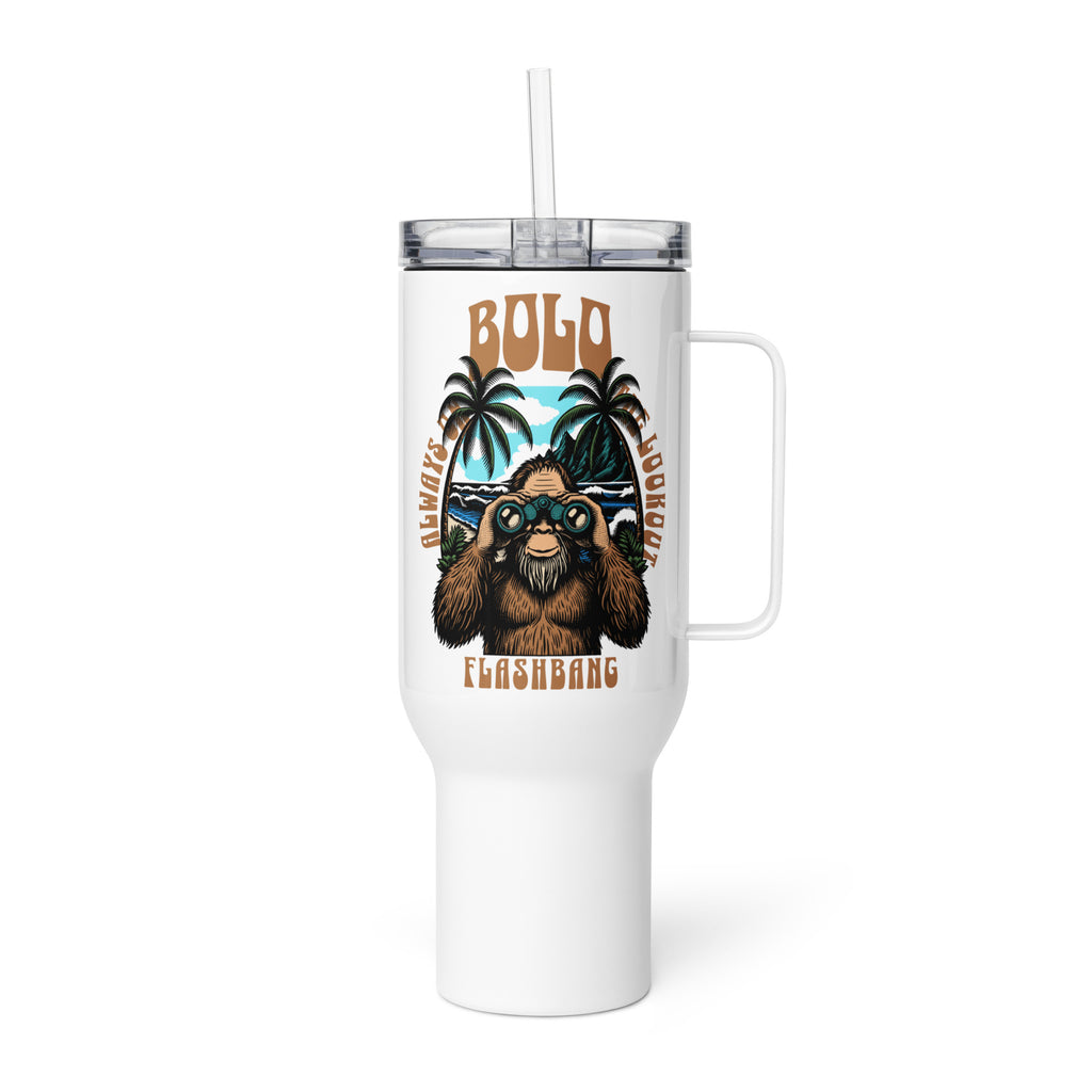 White tumbler with a handle featuring a graphic of a bear and text on a white background