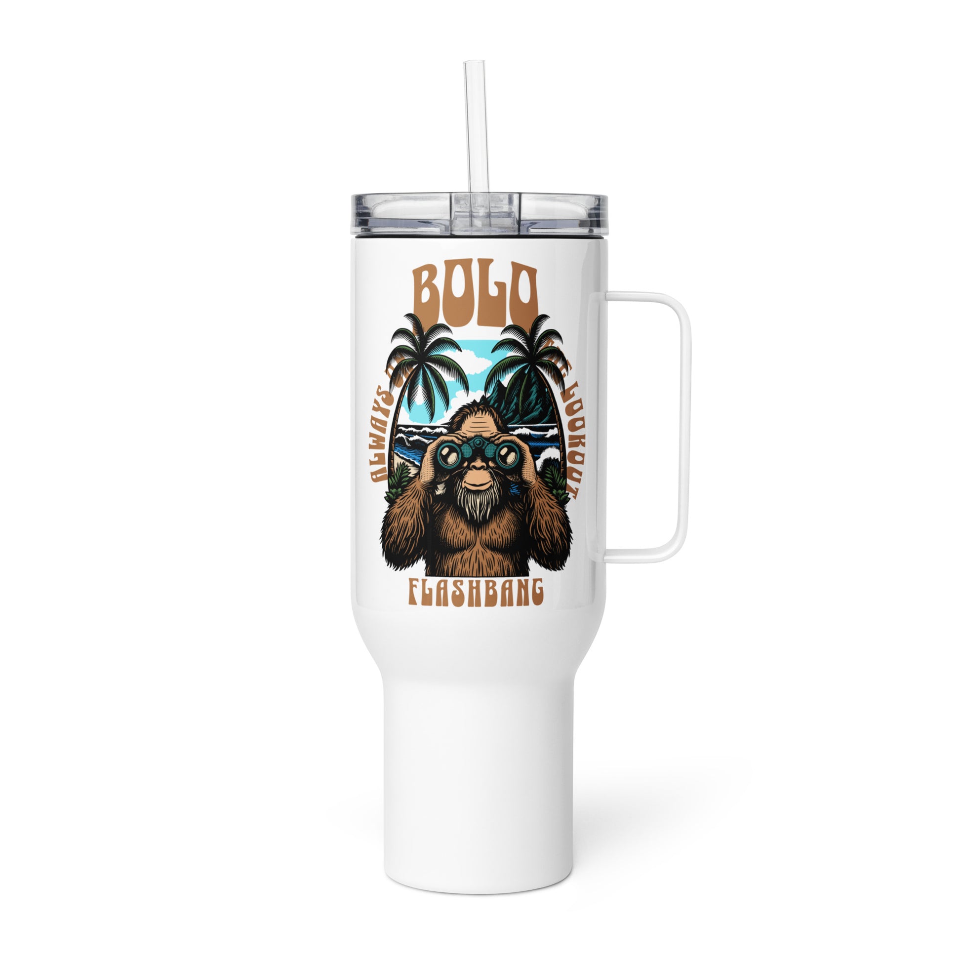 White tumbler with a handle featuring a graphic of a bear and text on a white background