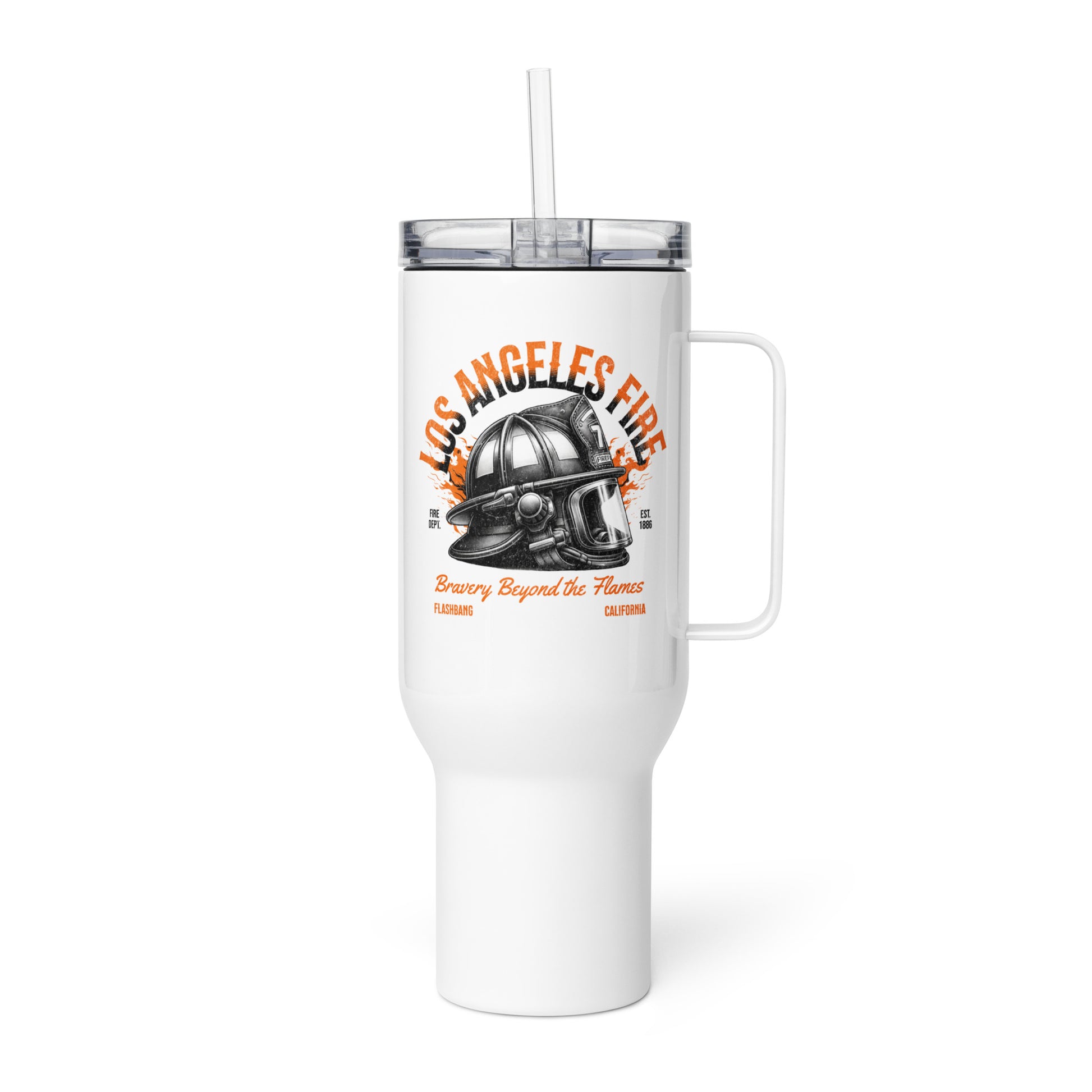 White tumbler with a fire helmet design and text on a white background