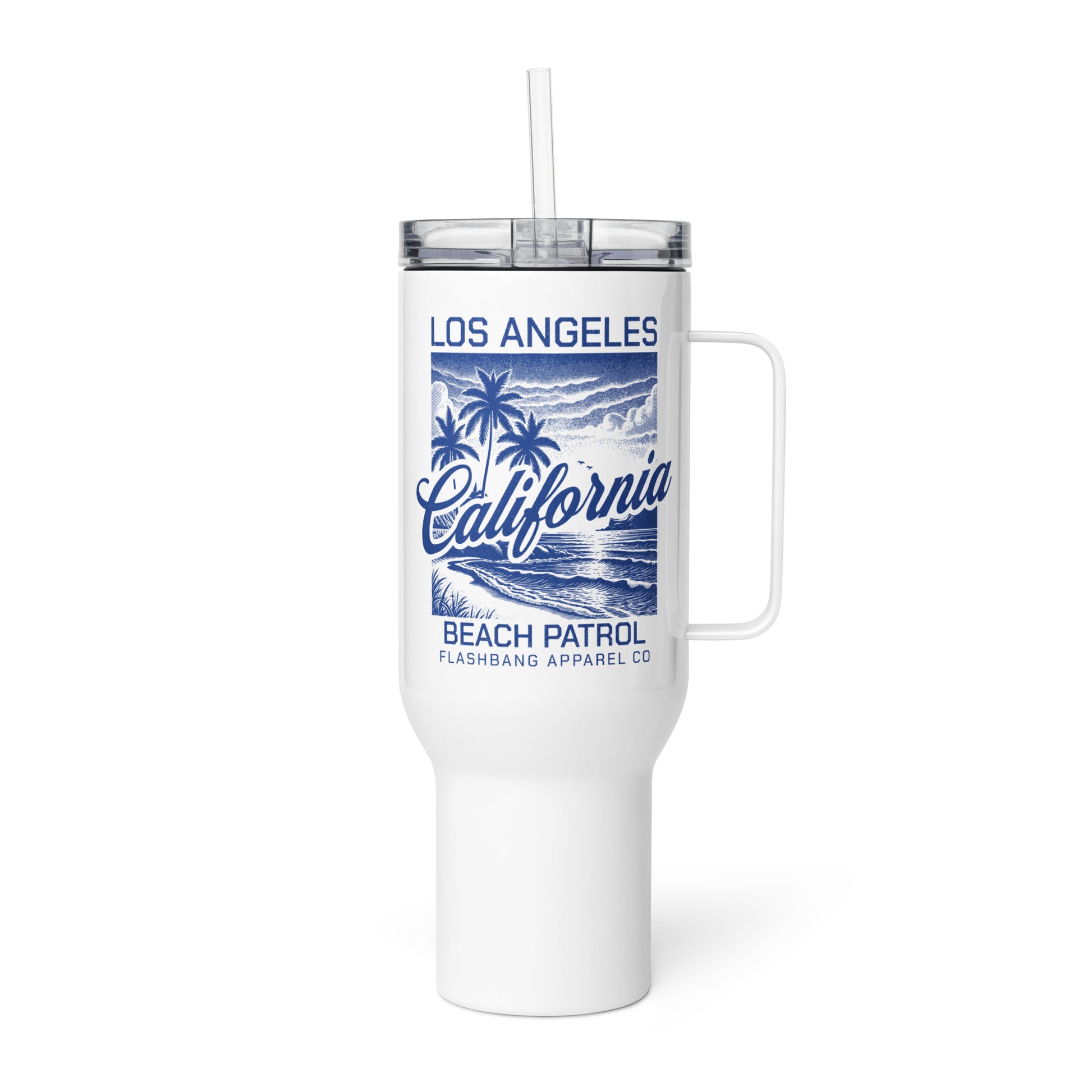 White tumbler with blue 'Los Angeles California Beach Patrol' design on a white background