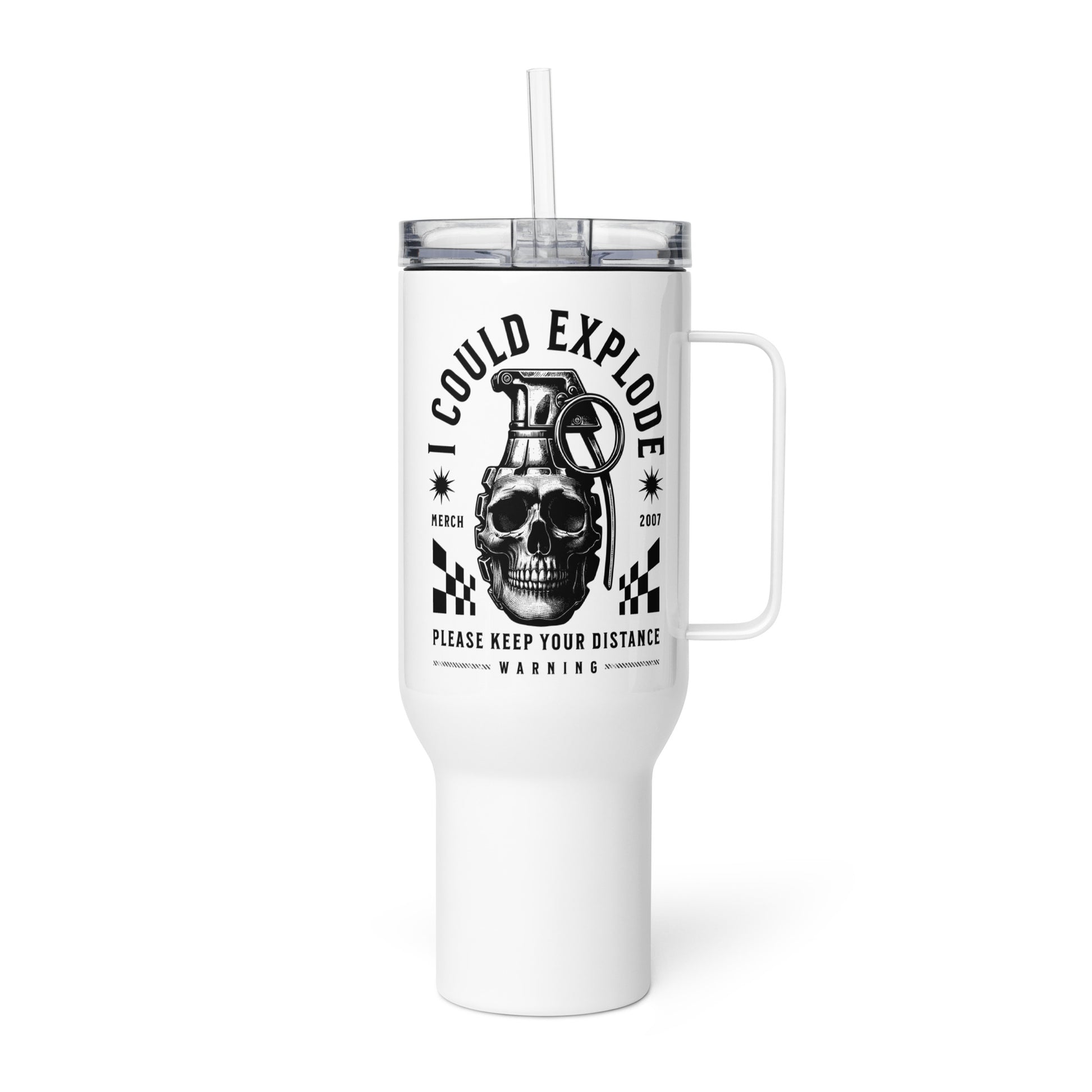 White tumbler with a graphic design featuring a skull and grenade, on a white background.