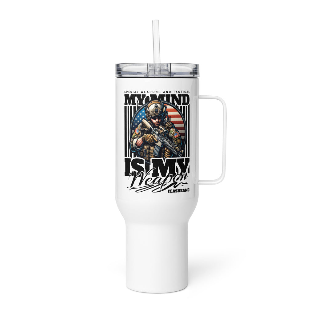 White tumbler with a graphic design featuring a soldier and text on a white background
