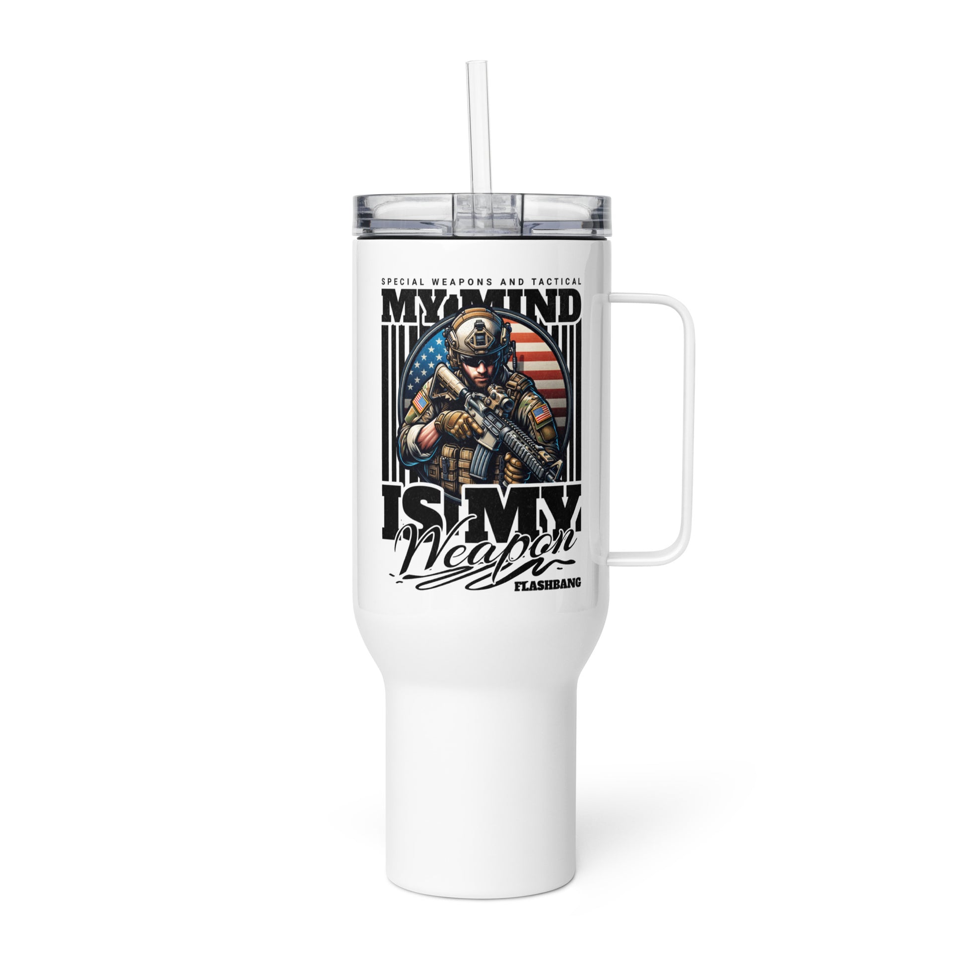 White tumbler with a graphic design featuring a soldier and text on a white background
