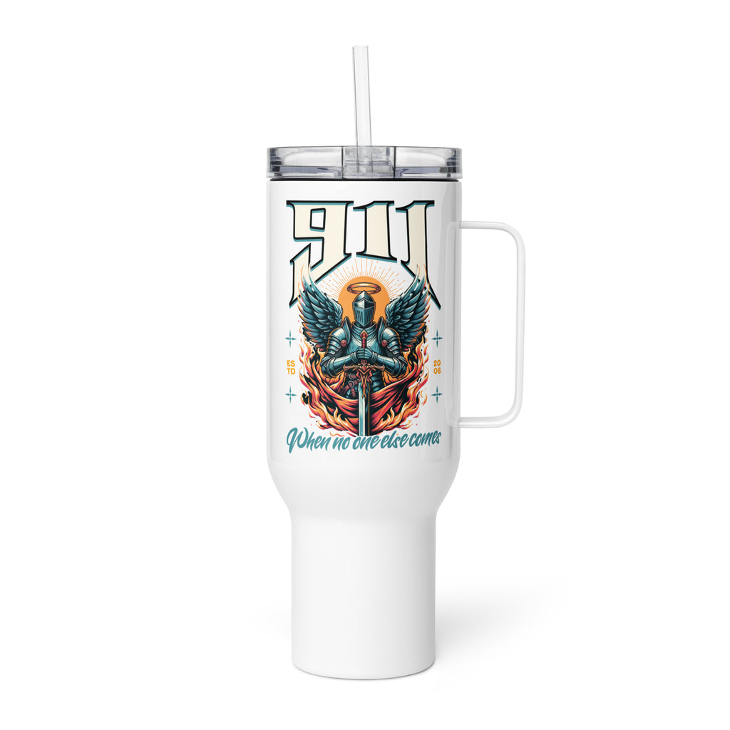 White tumbler with angel design and text on a white background