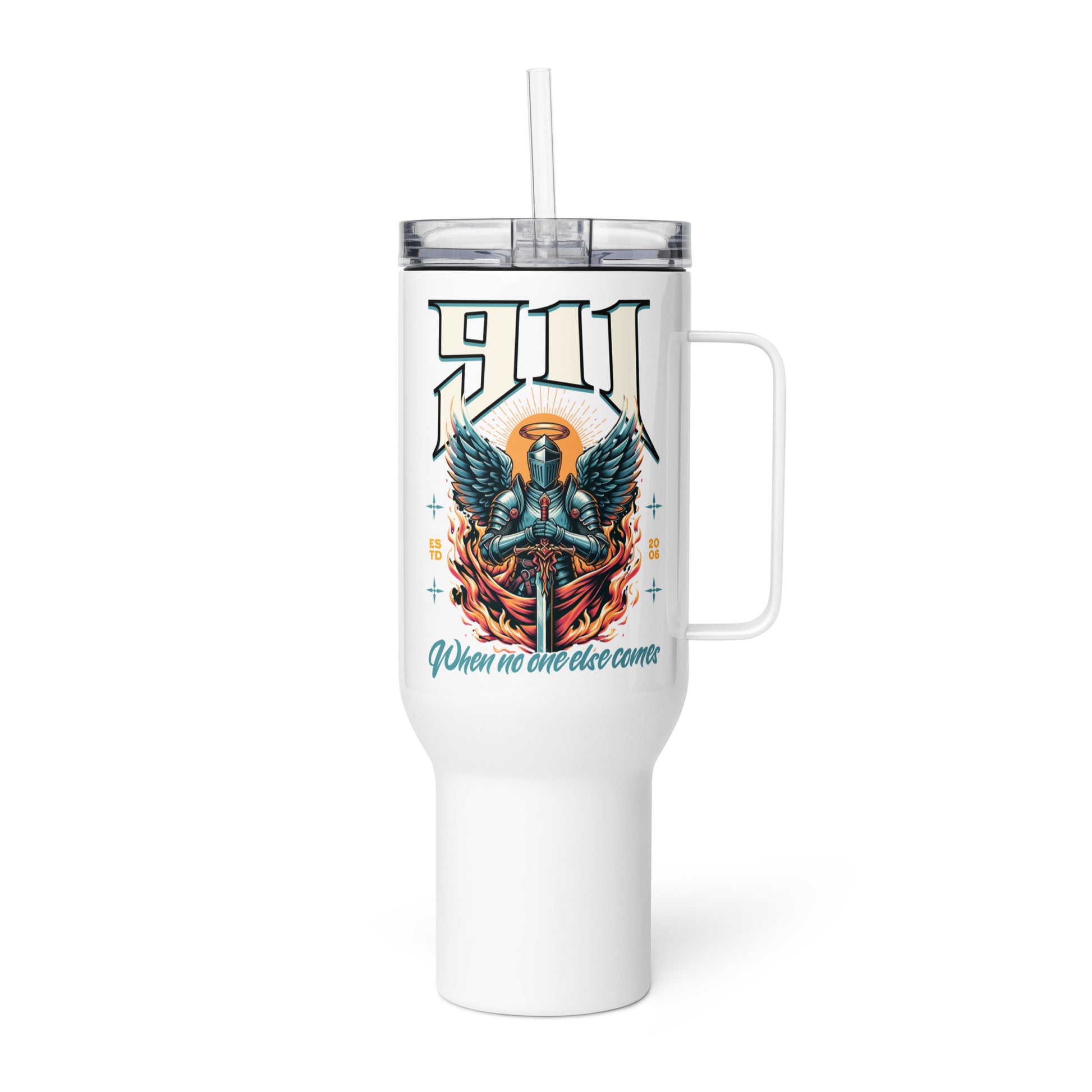 White tumbler with angel design and text on a white background