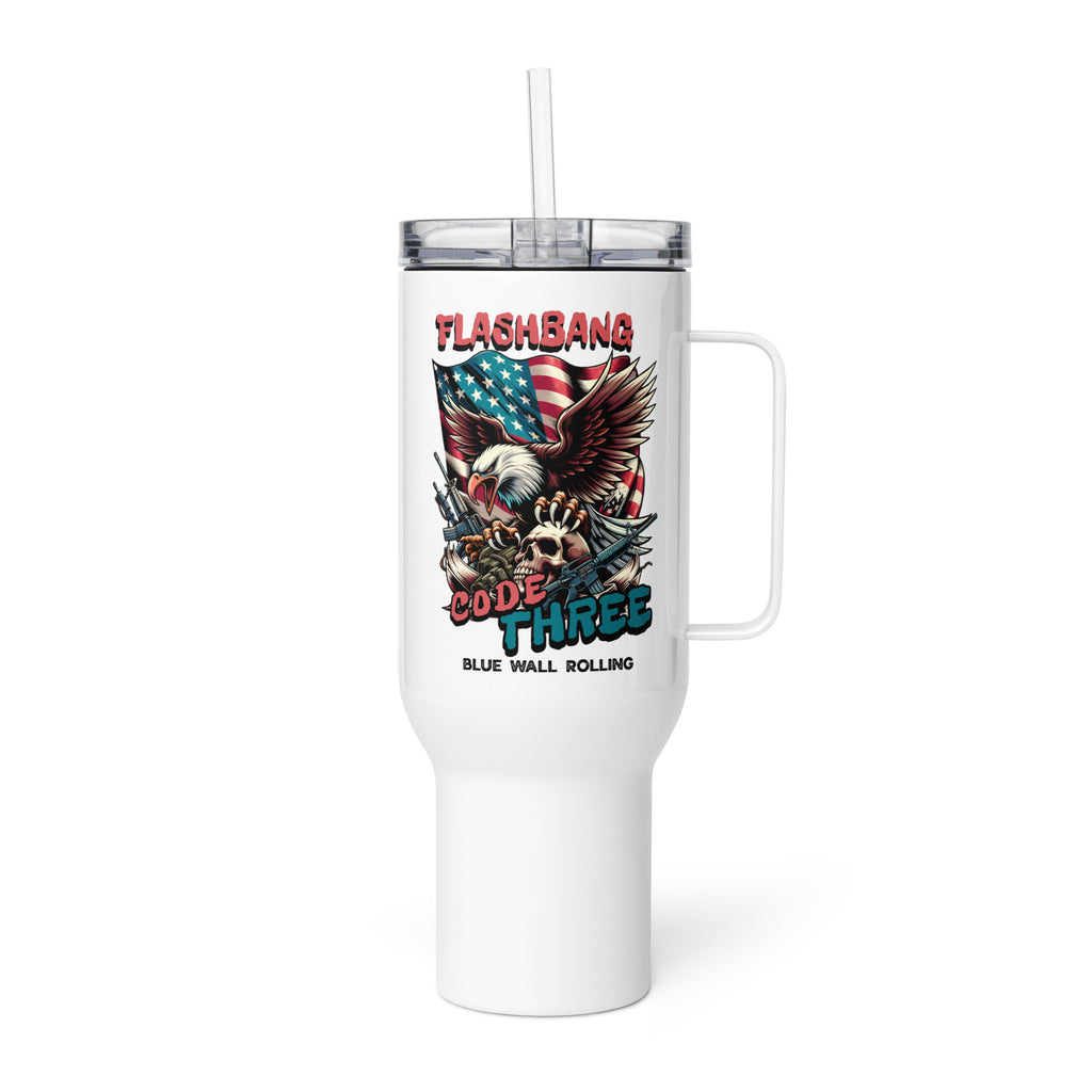 White tumbler with graphic design and text on a white background