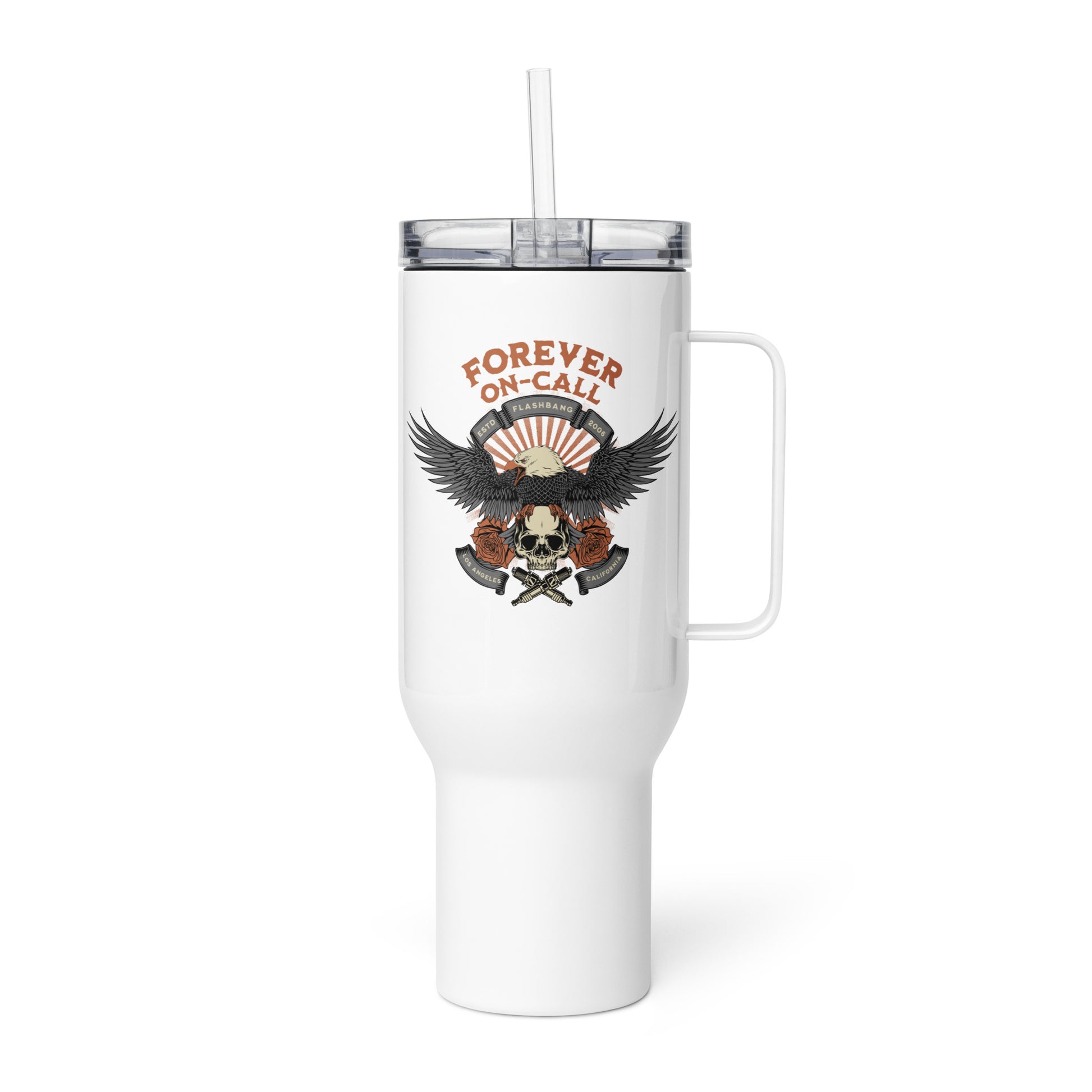 White tumbler with handle and straw featuring an eagle and skull design on a white background