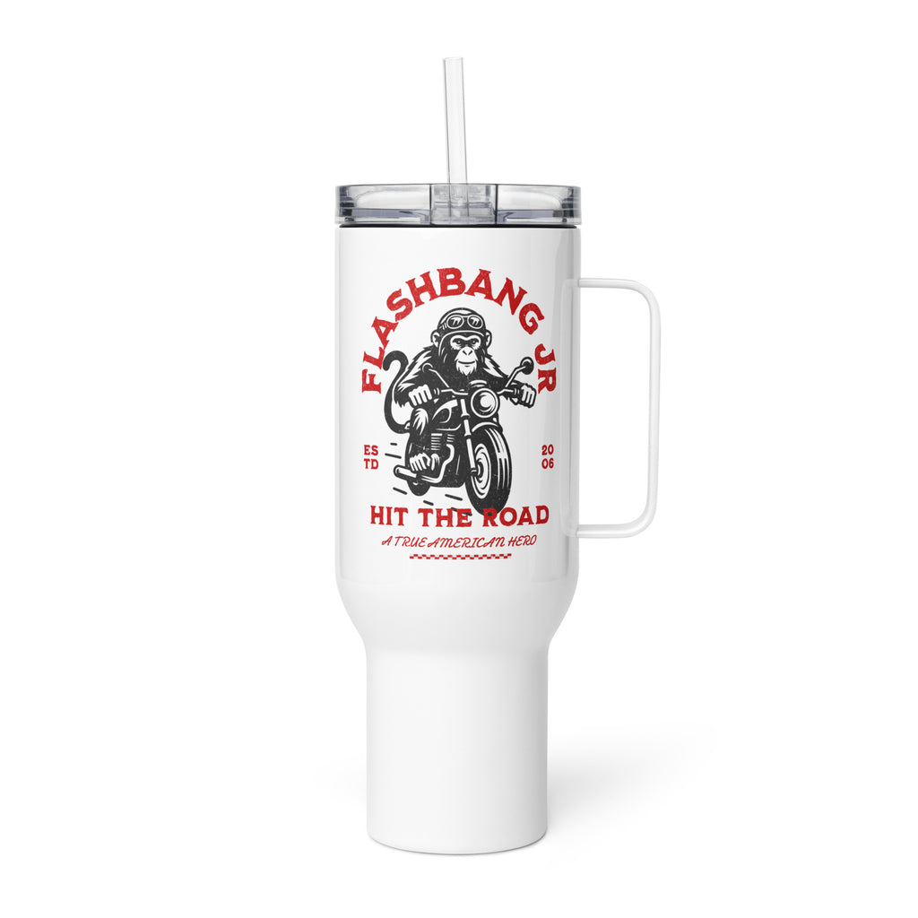 White tumbler with 'Flashbang Jr' design featuring a monkey on a motorcycle on a white background