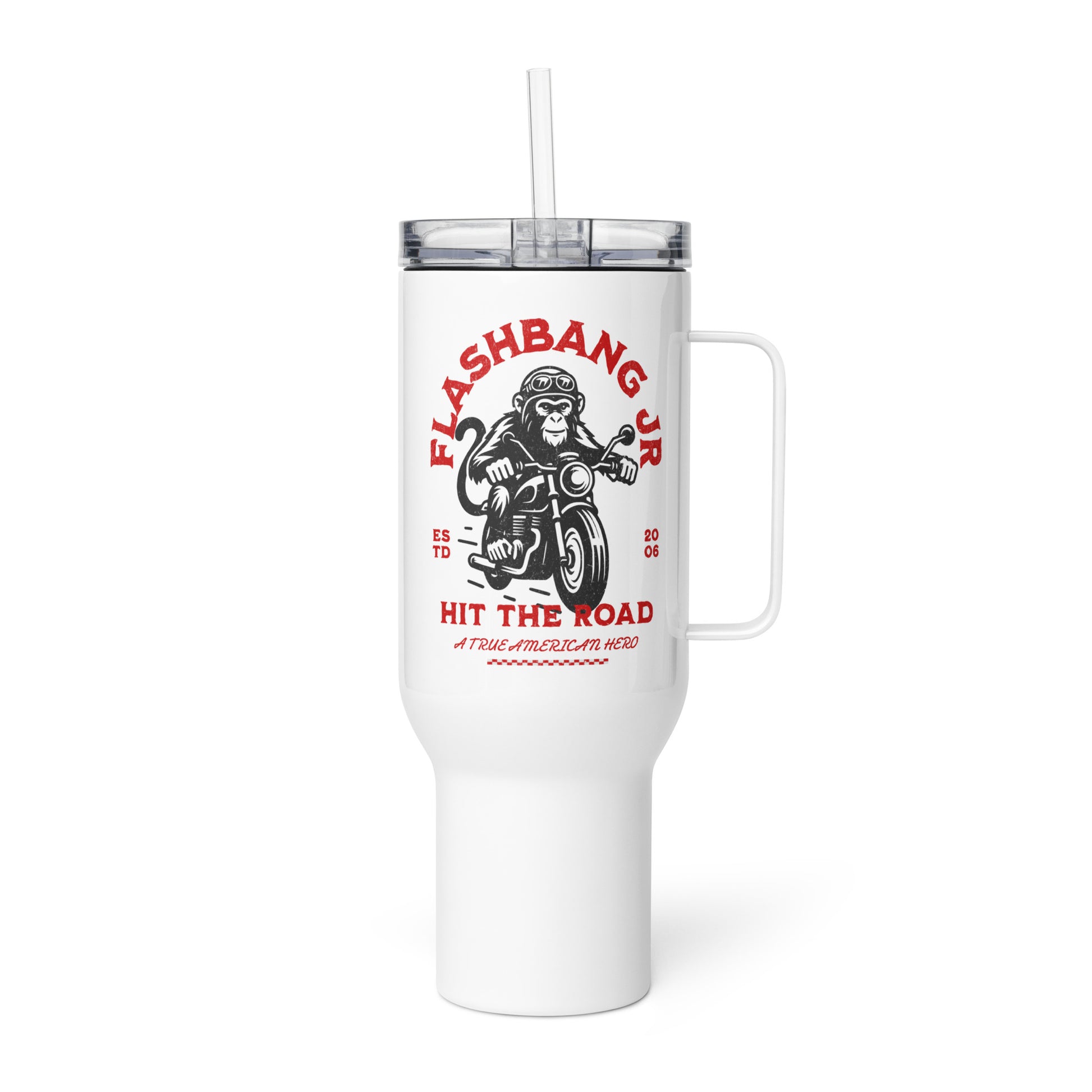 White tumbler with 'Flashbang Jr' design featuring a monkey on a motorcycle on a white background