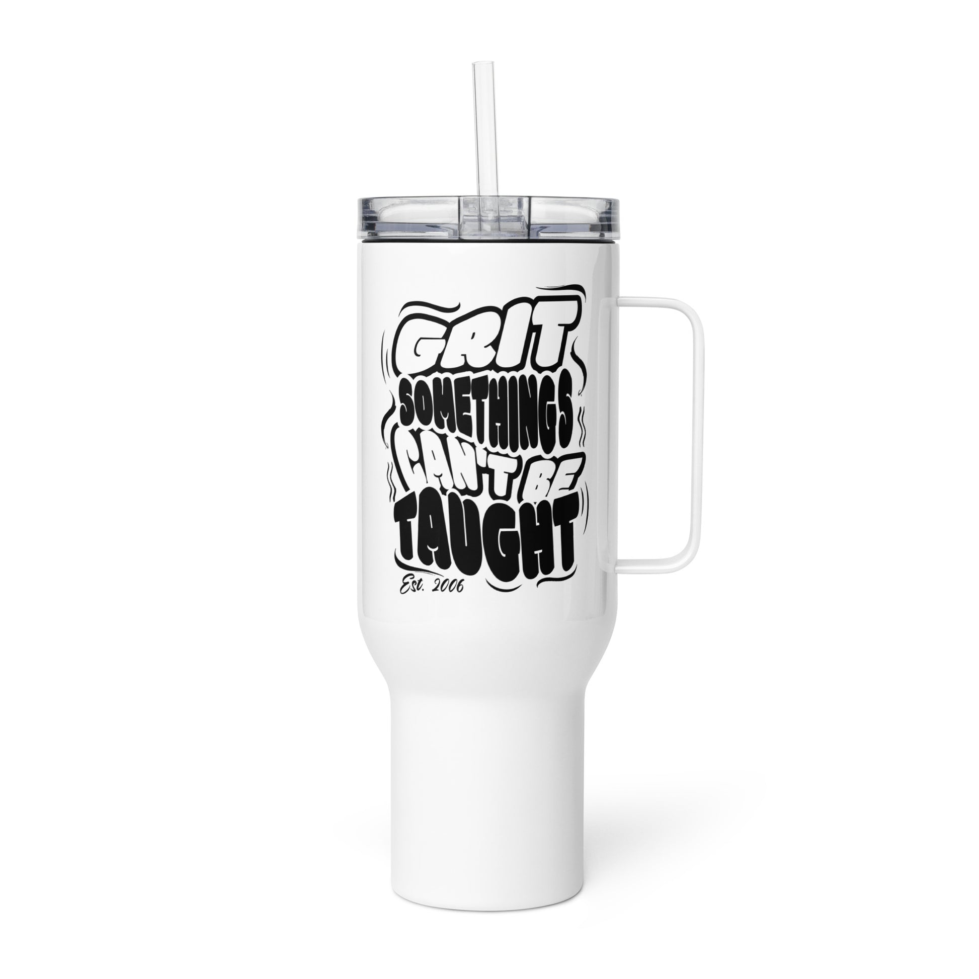 White tumbler with black text on a white background