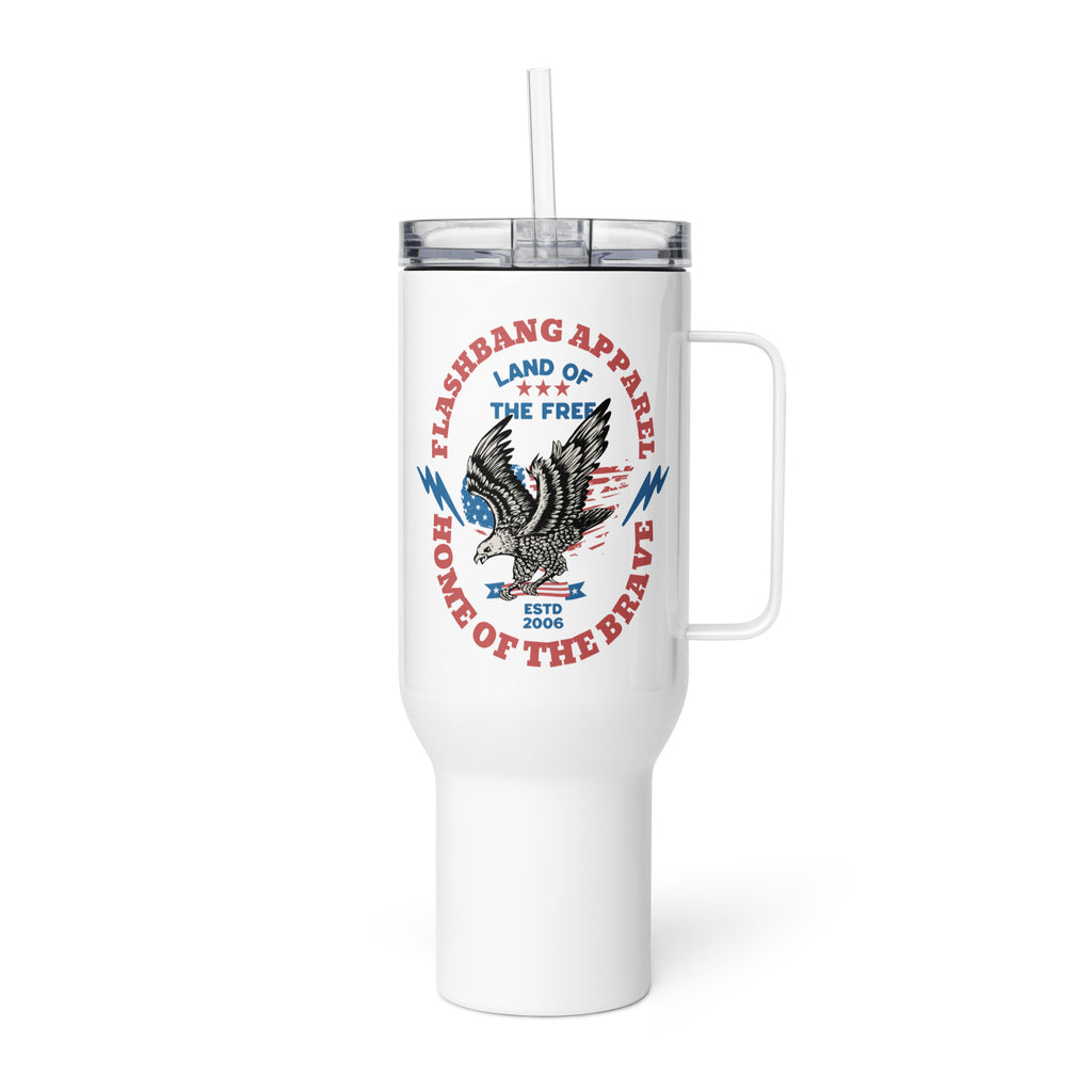 White tumbler with handle featuring an eagle design and text on a white background