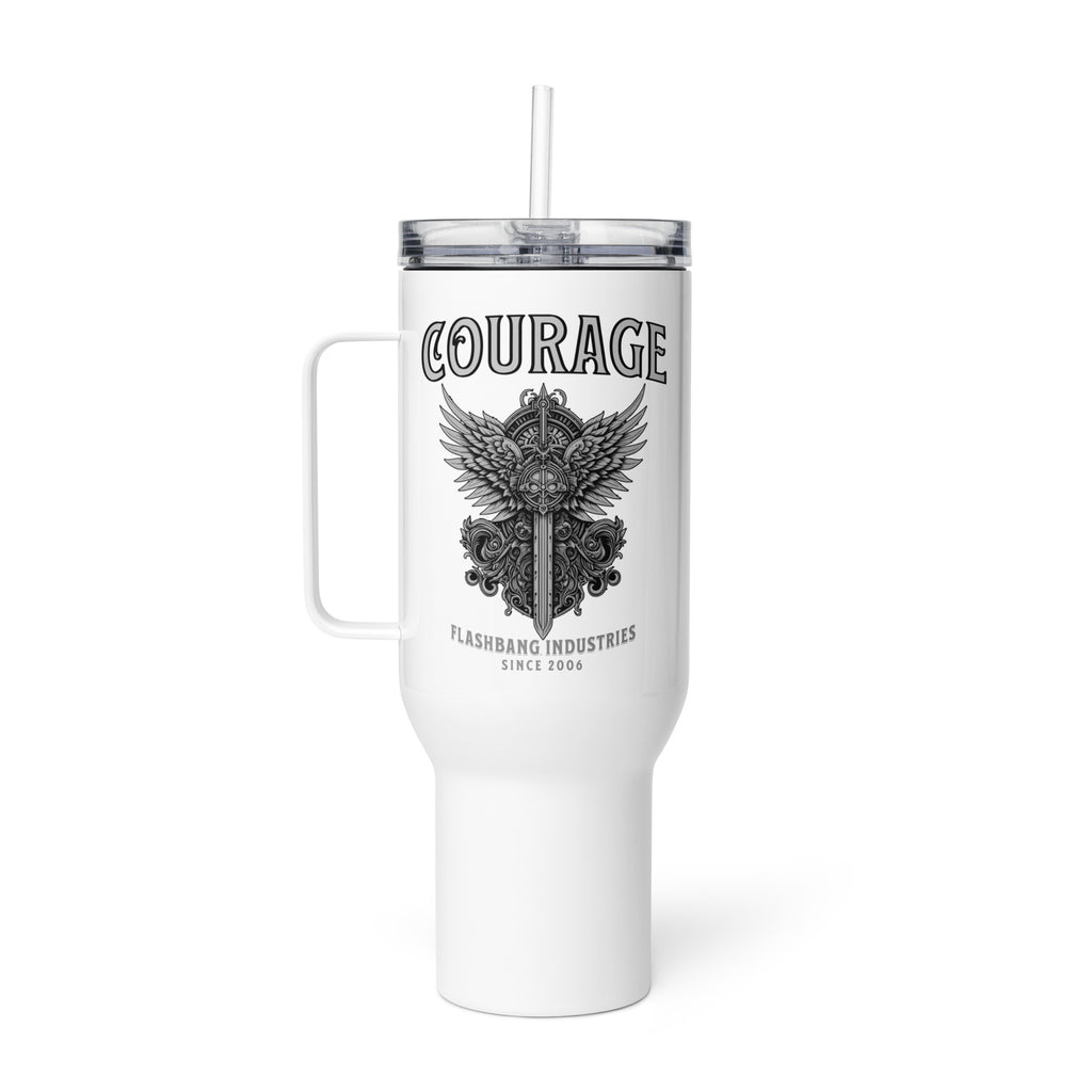 White tumbler with handle and straw featuring 'Courage' and 'Flashbang Industries' design on a white background