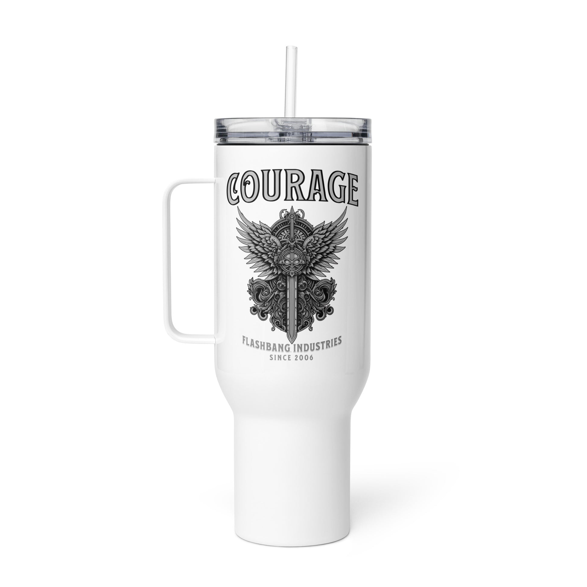 White tumbler with handle and straw featuring 'Courage' and 'Flashbang Industries' design on a white background