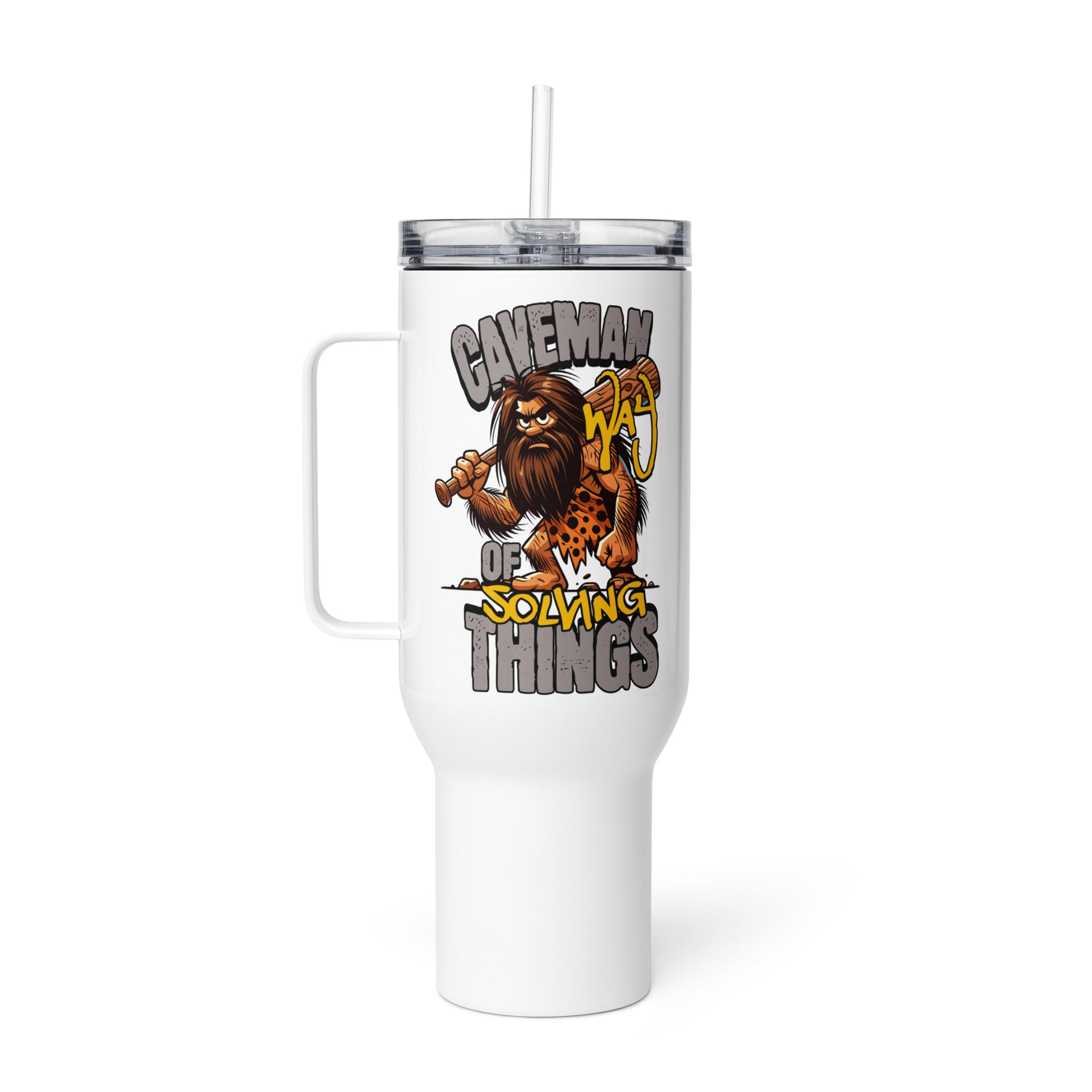 White tumbler with a cartoon caveman design and text on a white background