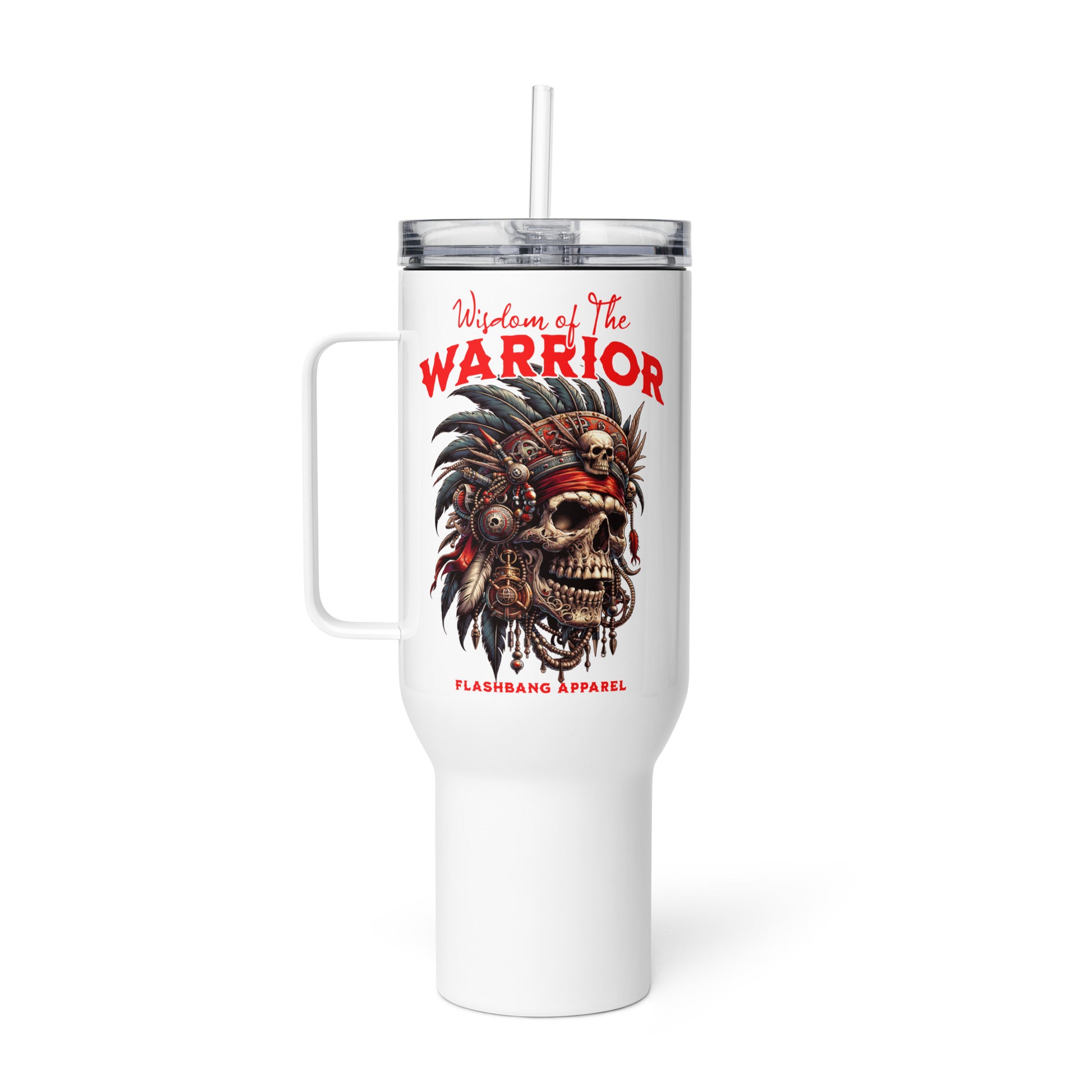 White tumbler with skull design and 'Warrior' text on a white background