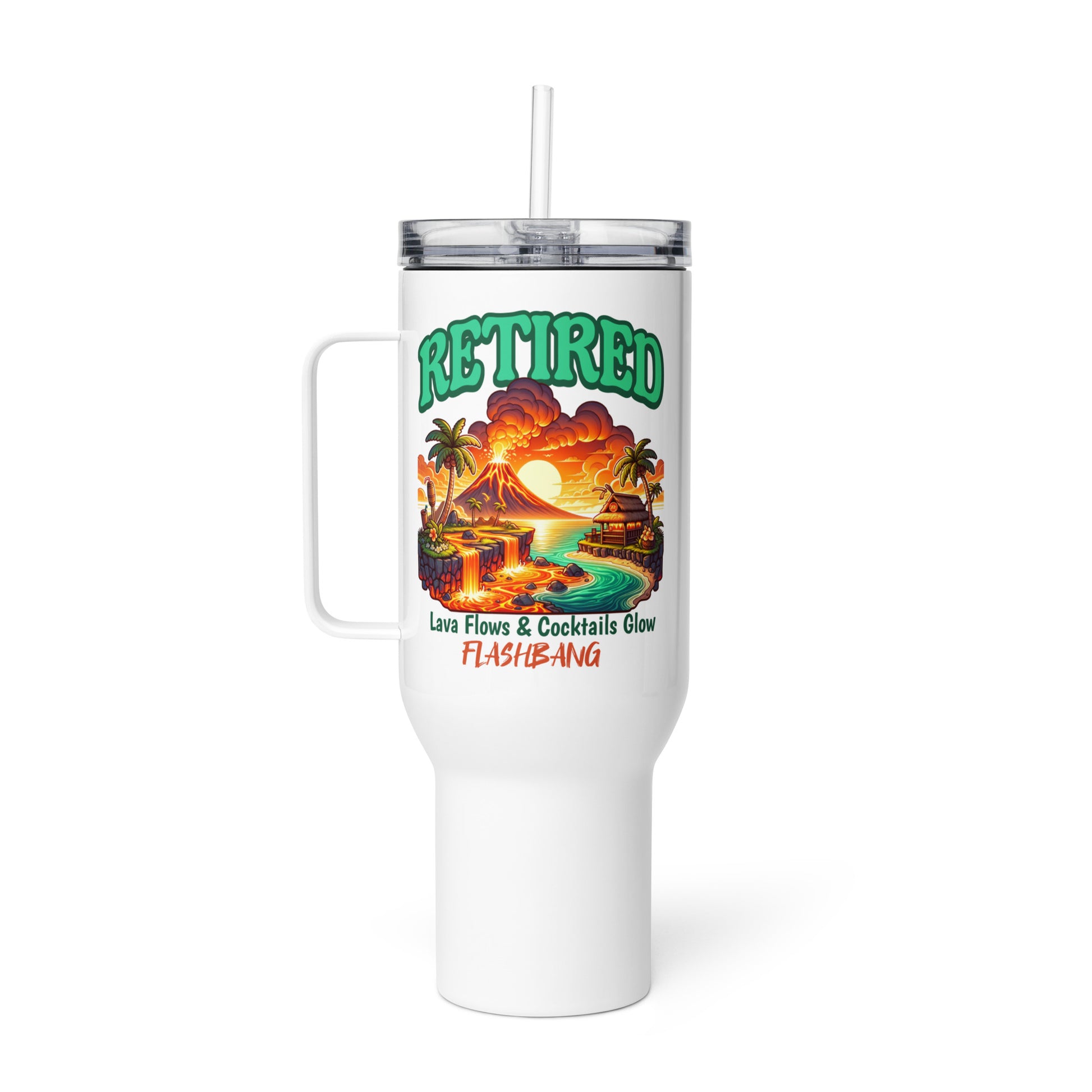 White tumbler with colorful design and text on a white background