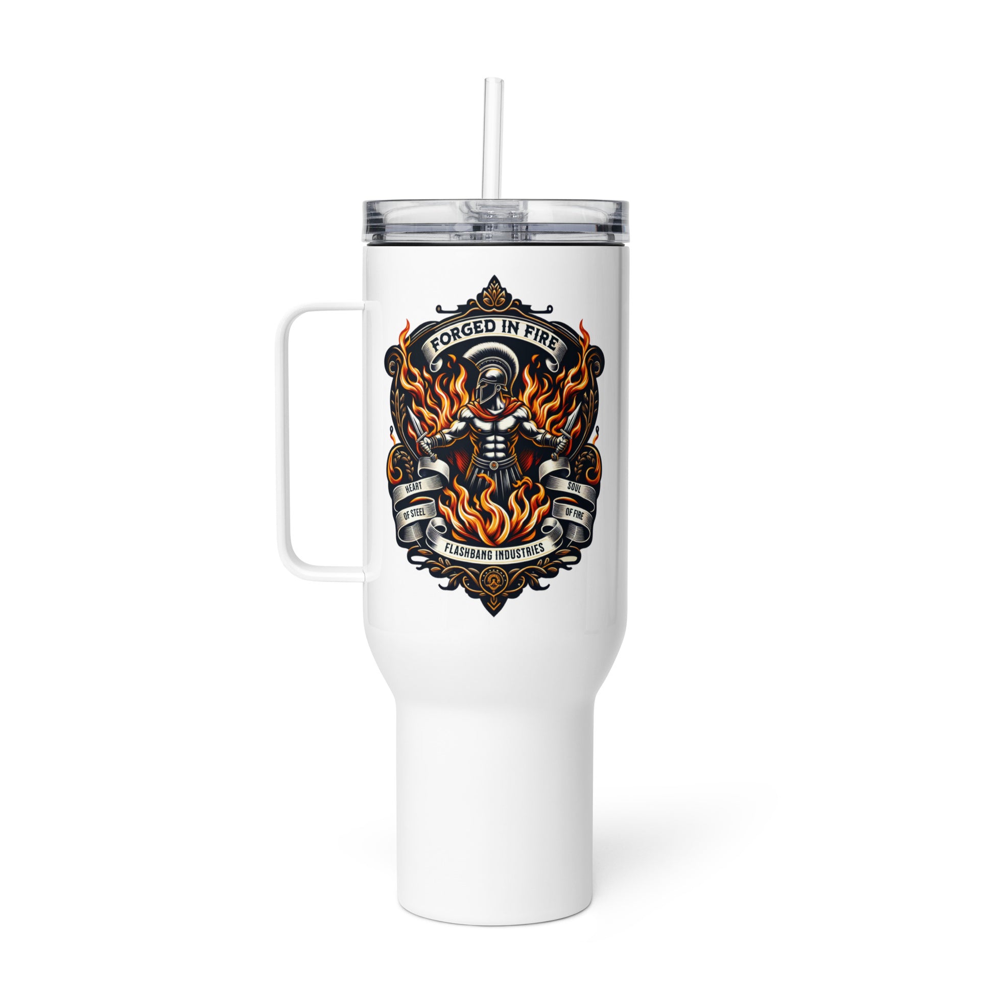 White tumbler with a skull and flames design on a white background