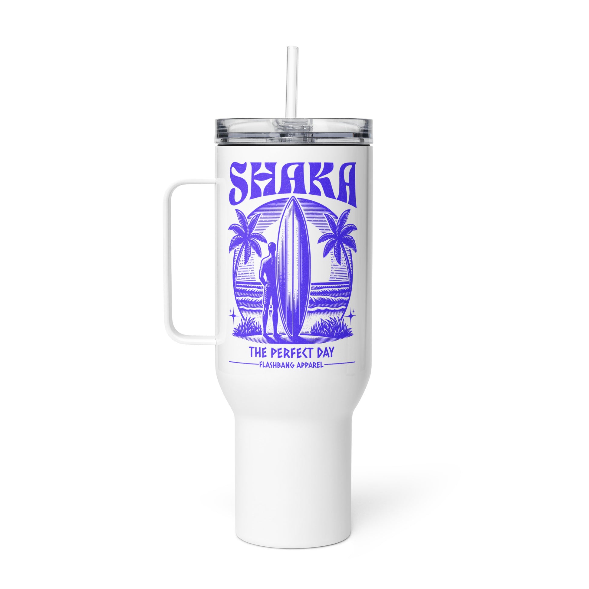 White tumbler with purple 'Shaka' design on a white background