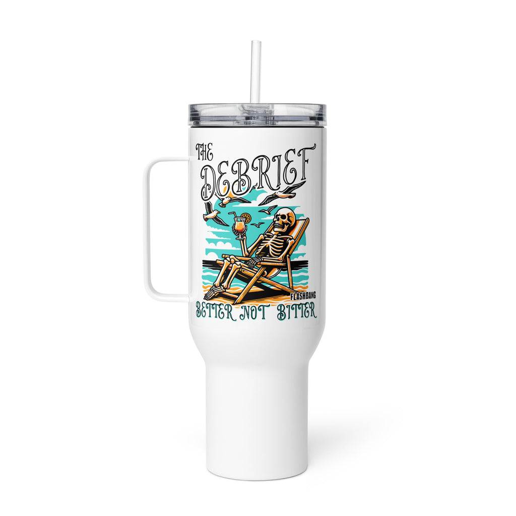White tumbler with skeleton design and text on a white background