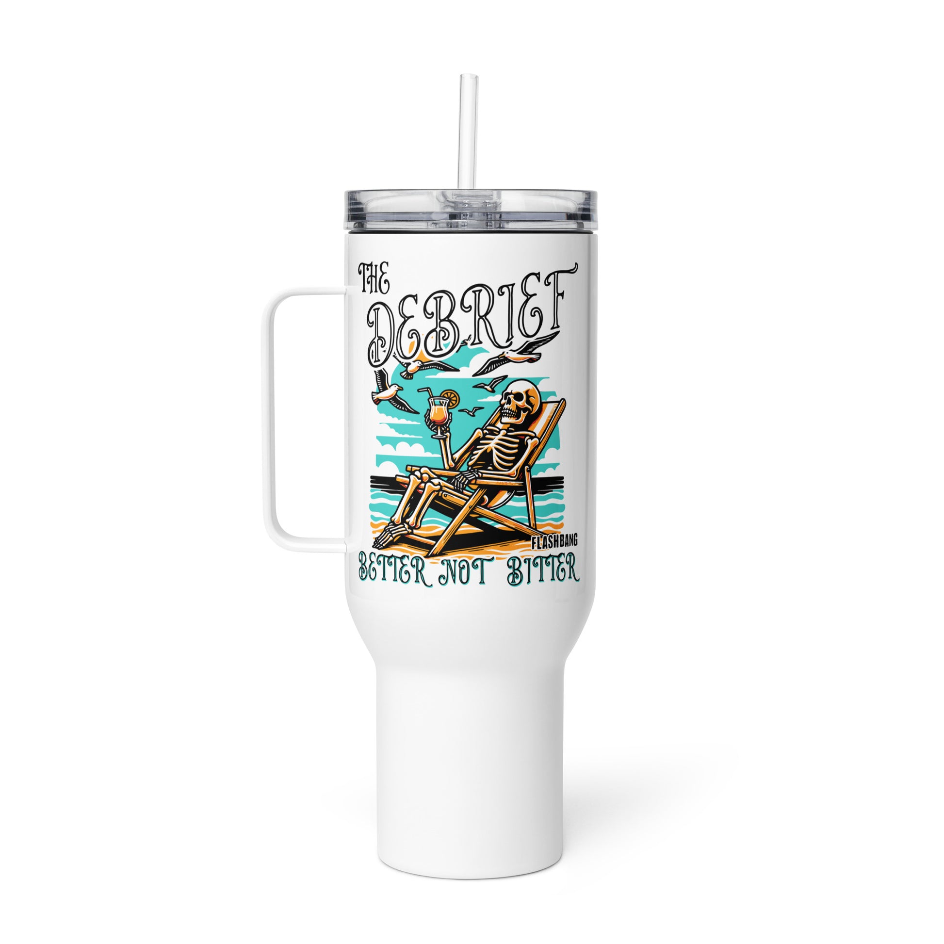 White tumbler with skeleton design and text on a white background