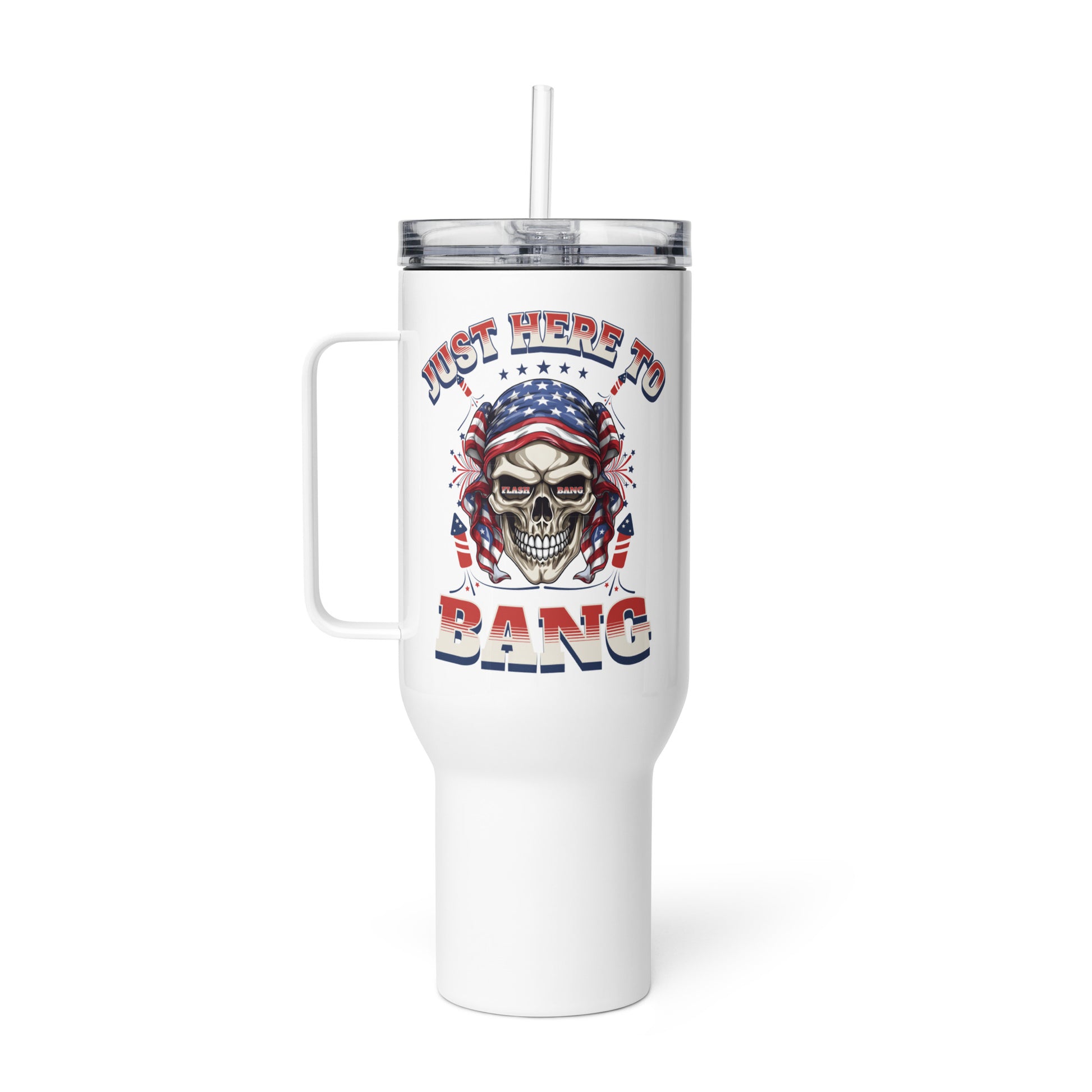 White tumbler with skull design and text 'Just Here to Bang' on a white background