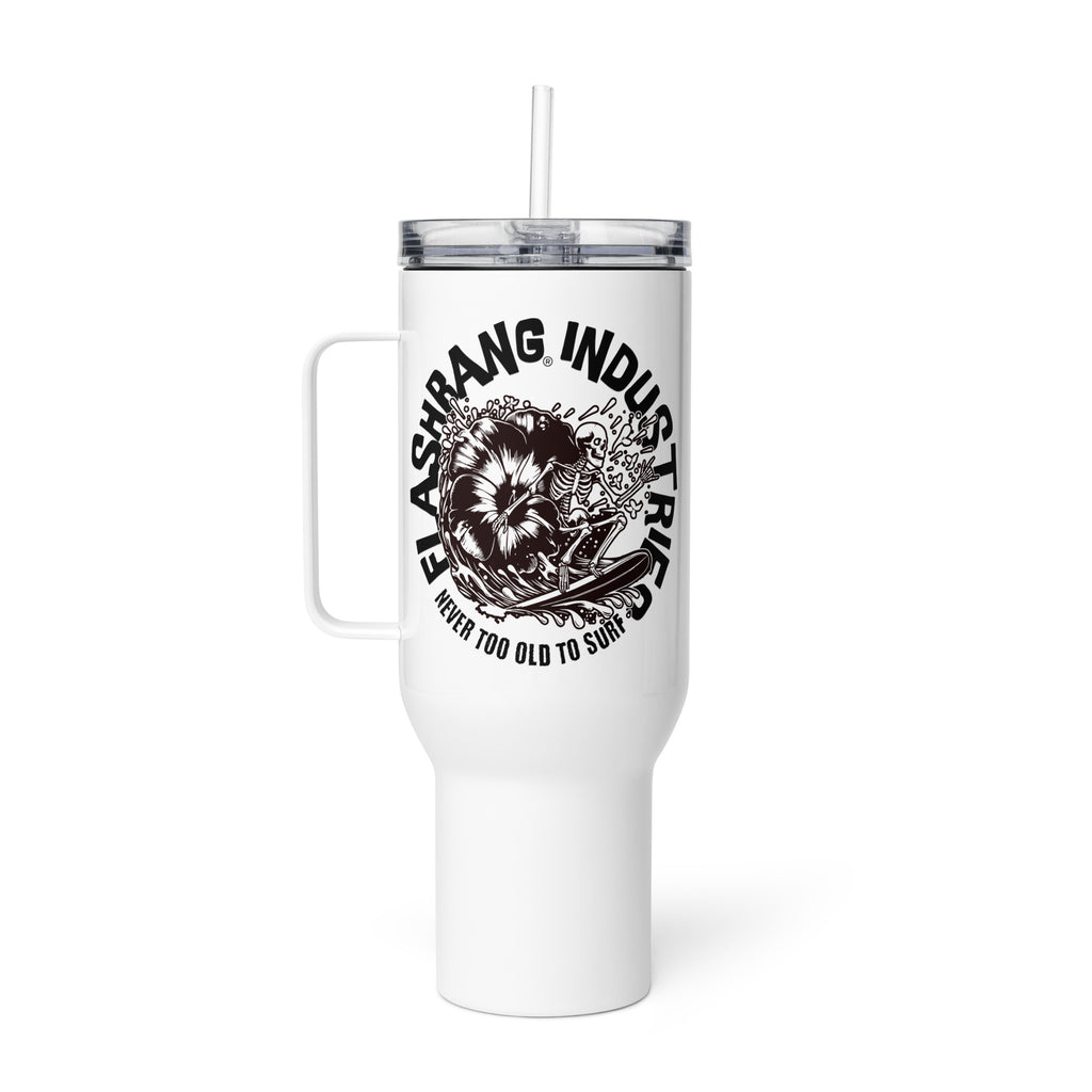 White tumbler with handle and straw featuring black graphics and text on a white background