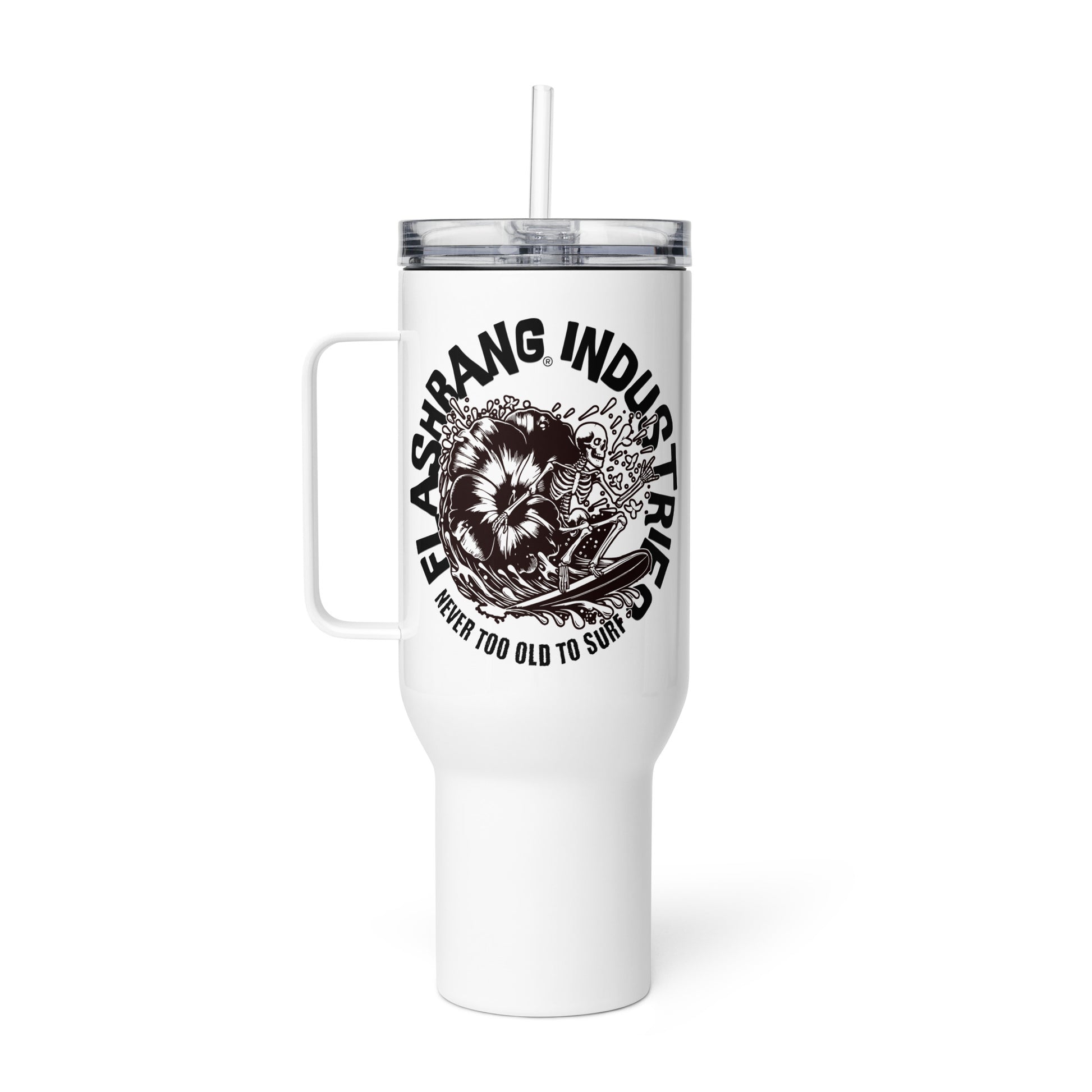 White tumbler with handle and straw featuring black graphics and text on a white background