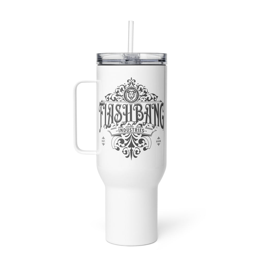 White tumbler with handle and straw featuring 'Flash Bang Industries' design on a white background