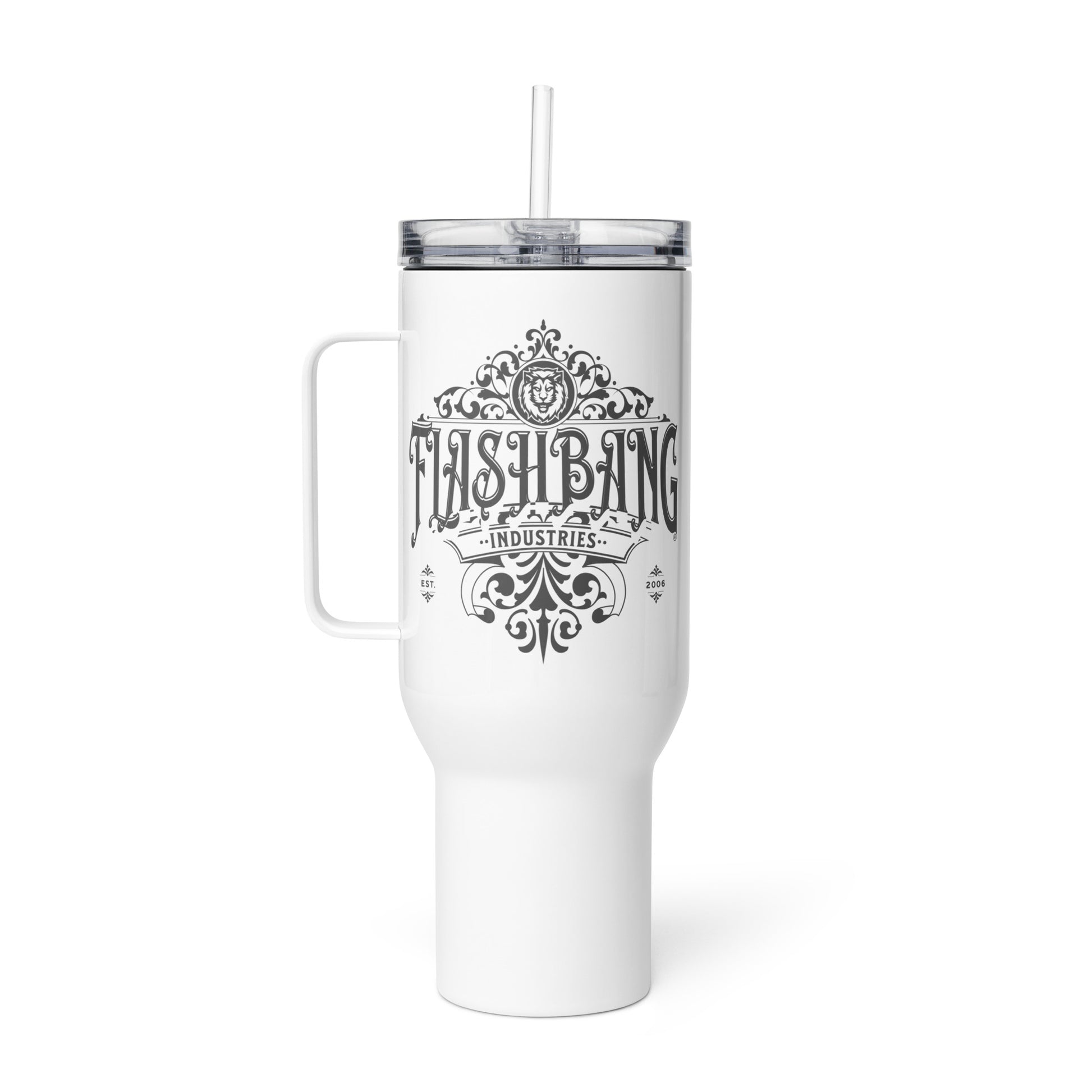 White tumbler with handle and straw featuring 'Flash Bang Industries' design on a white background
