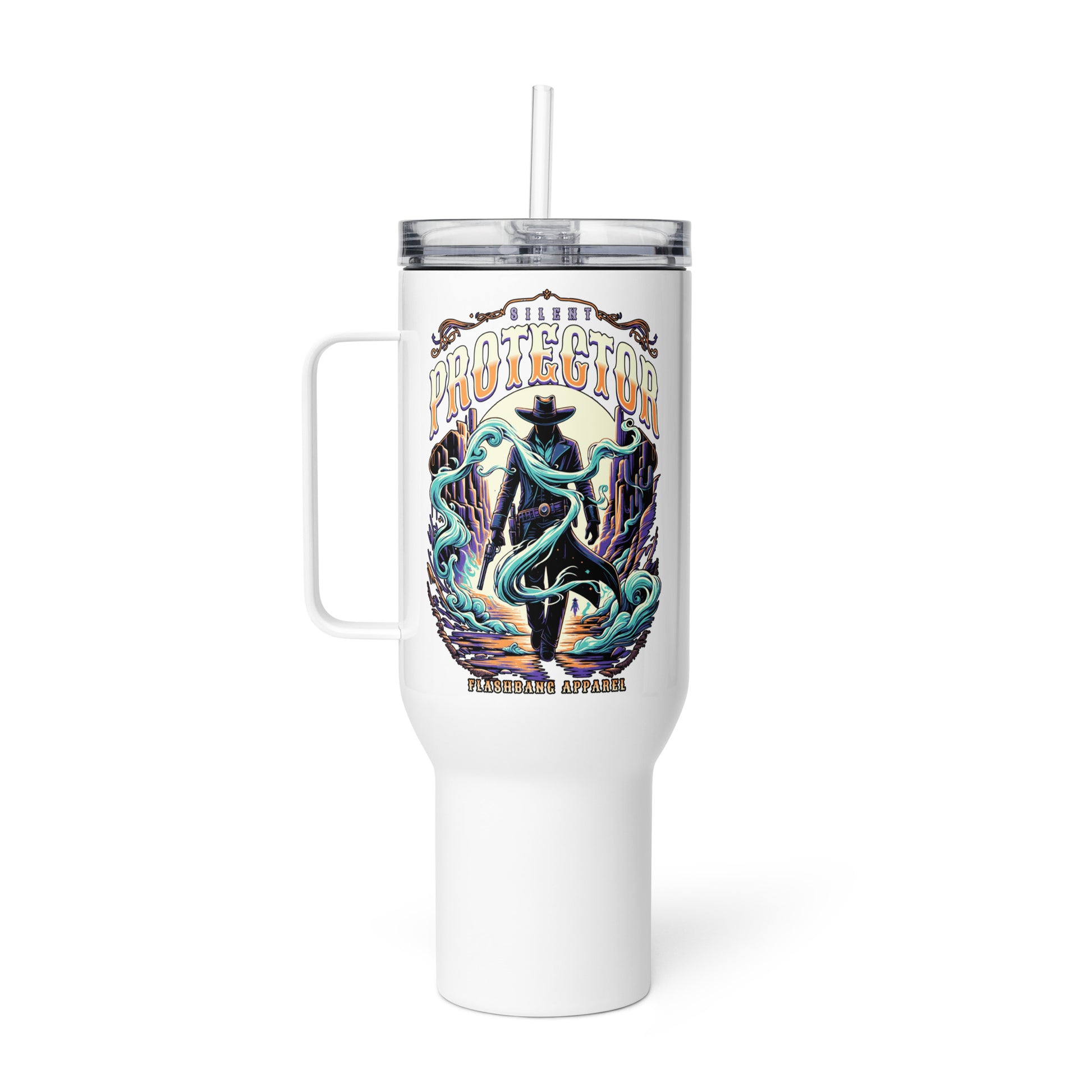 White tumbler with a handle and straw featuring a colorful design and text on a white background