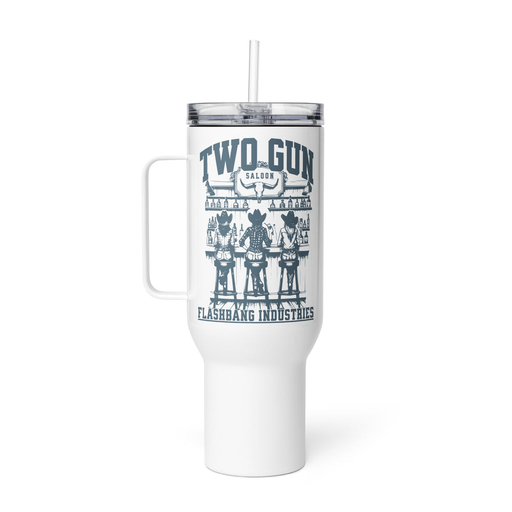 White tumbler with handle and straw featuring 'Two Gun Saloon' design on a white background