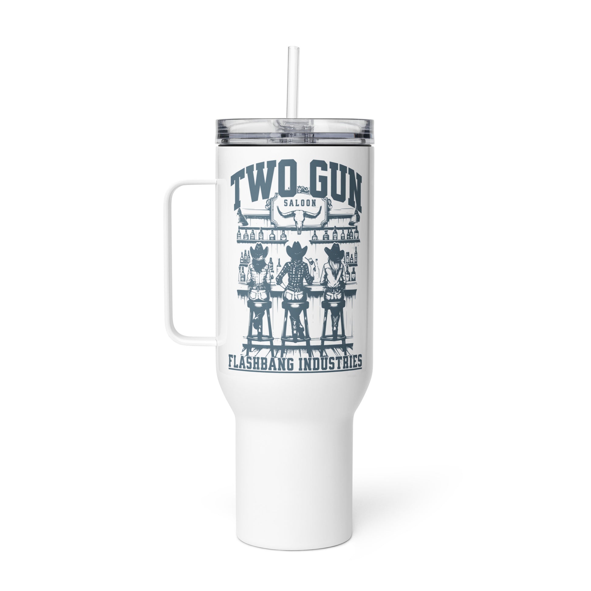 White tumbler with handle and straw featuring 'Two Gun Saloon' design on a white background