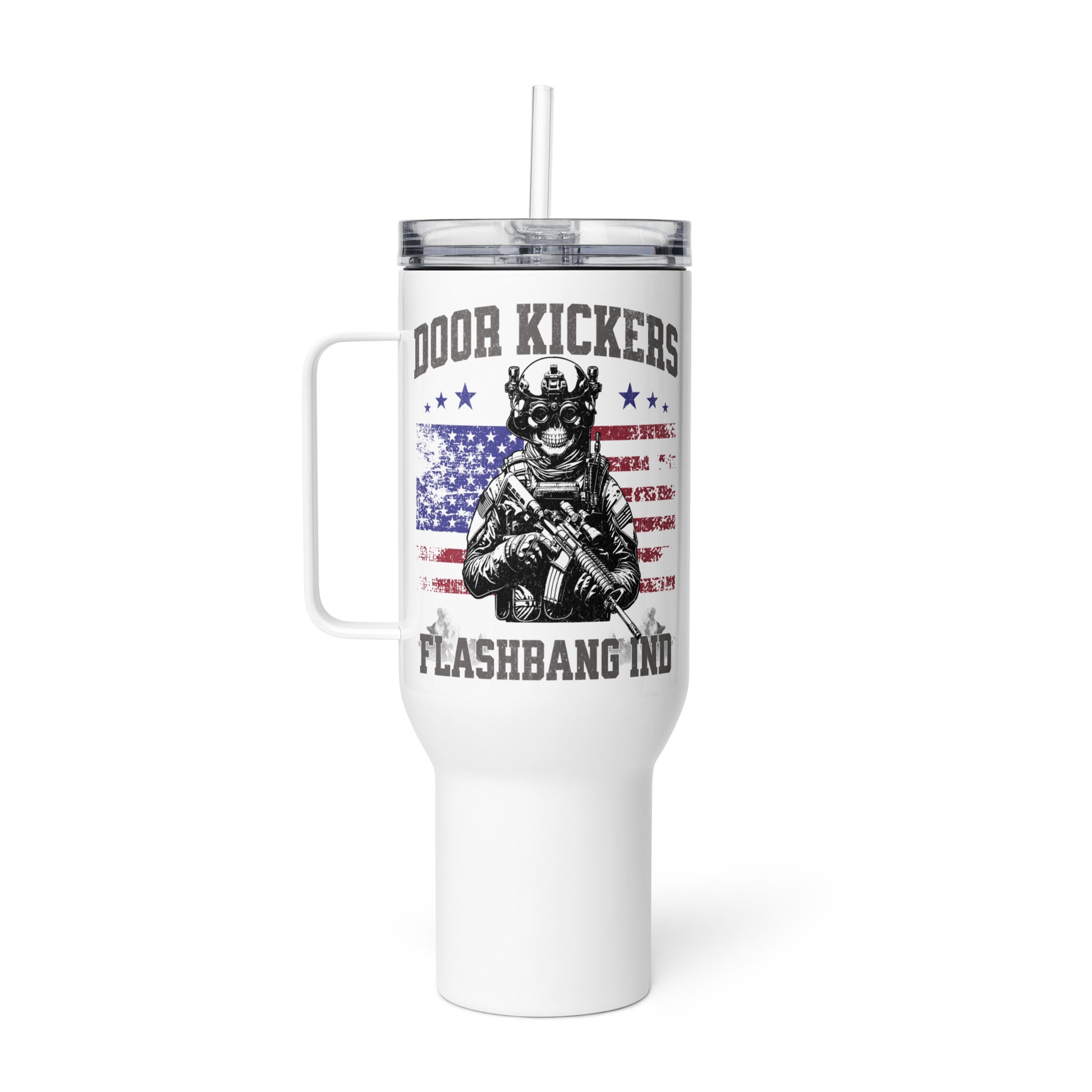 White tumbler with graphic design and text on a white background