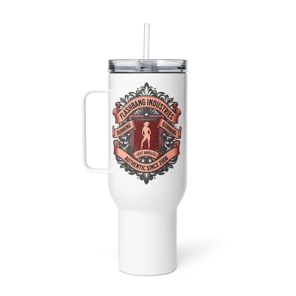 White tumbler with a logo and text on a white background