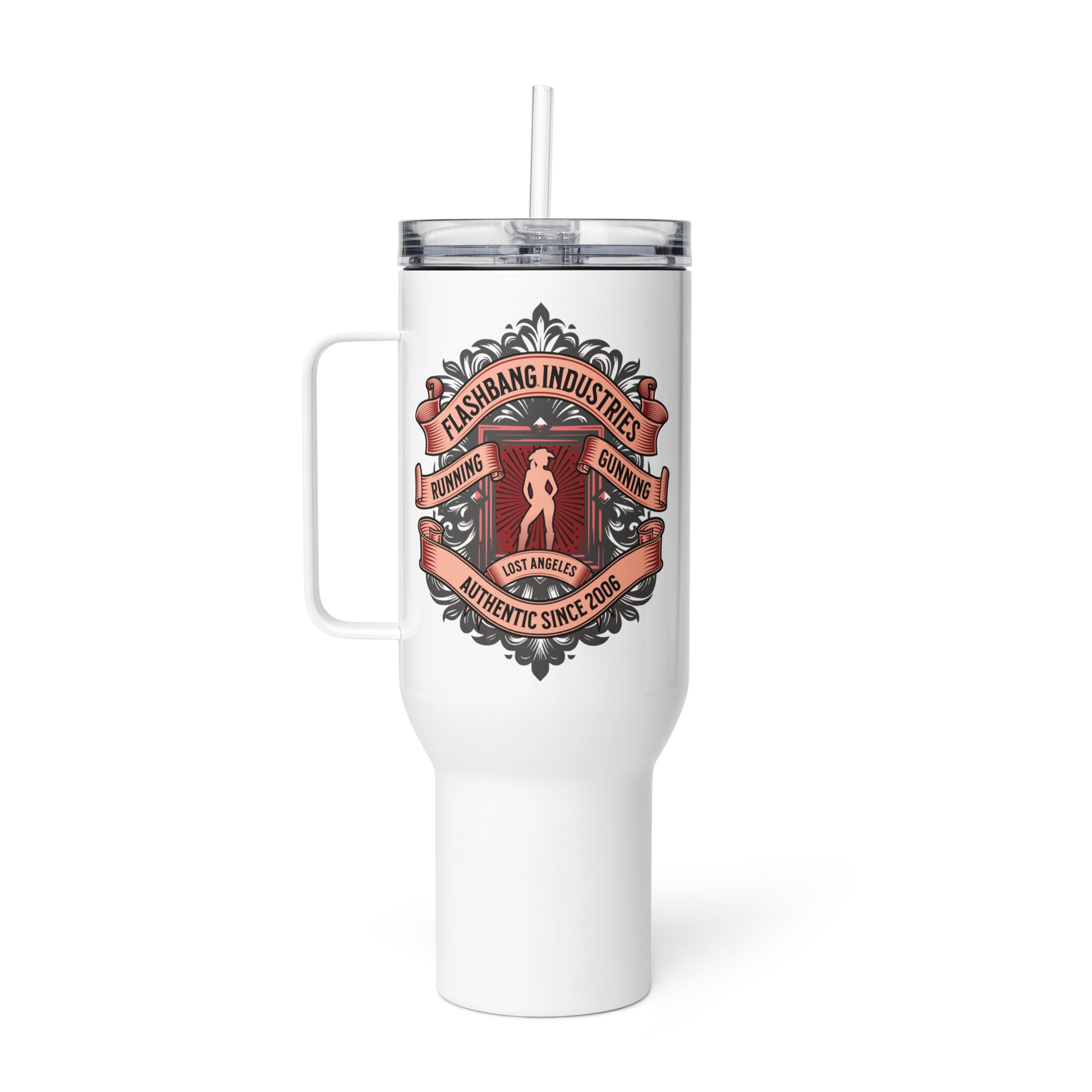 White tumbler with a logo and text on a white background