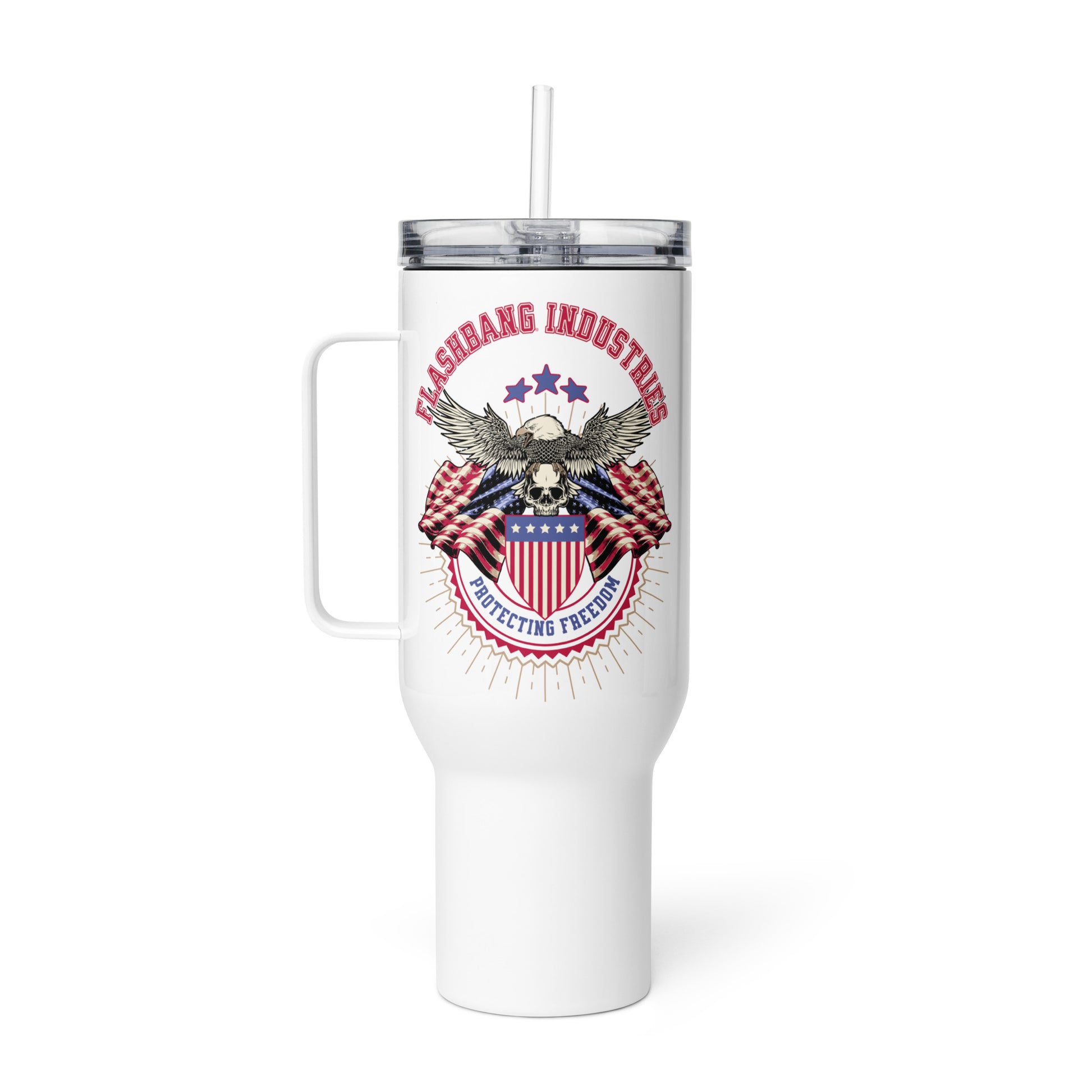White tumbler with patriotic design and 'Flashbang Industries' text on a white background