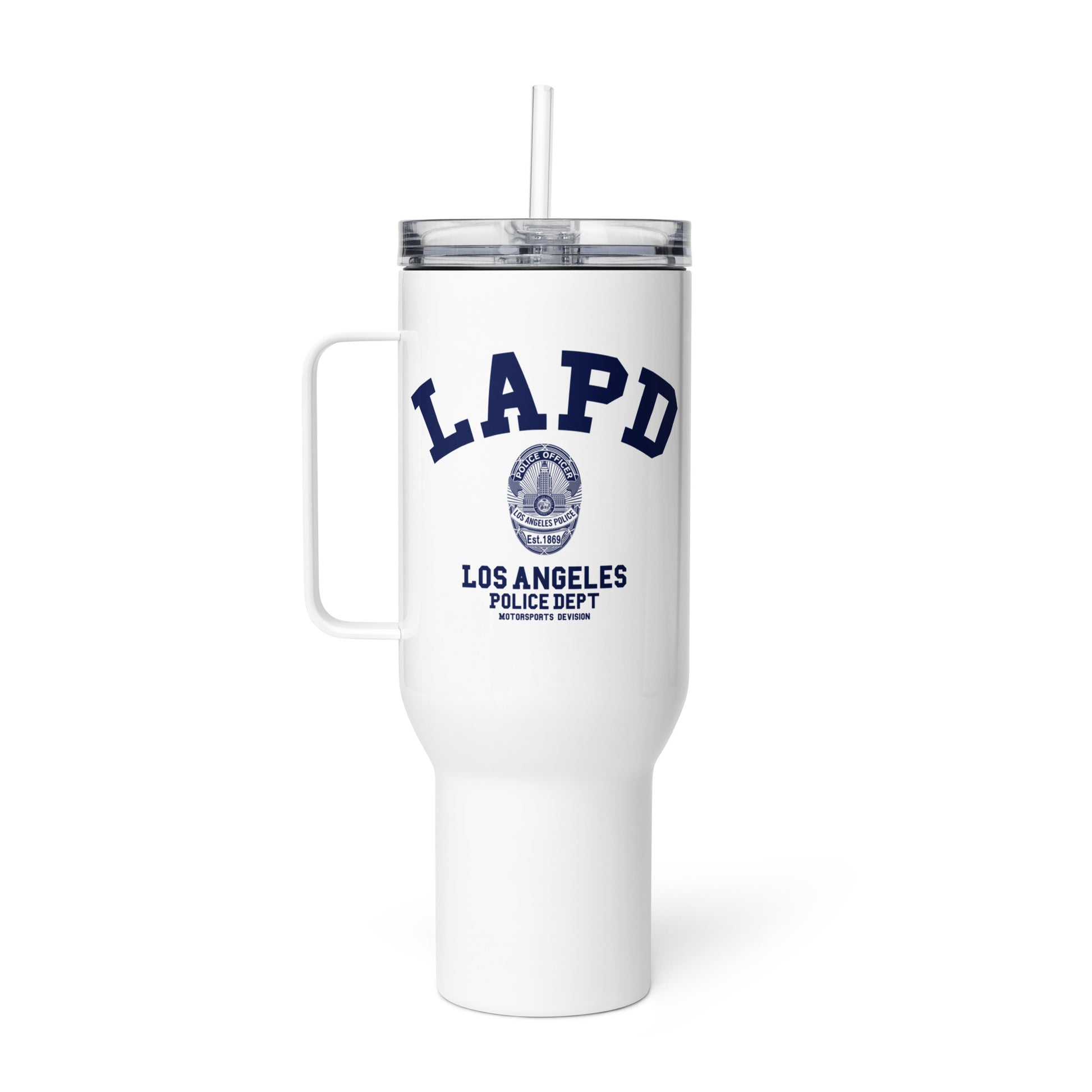 White insulated mug with LAPD Los Angeles Police Dept logo on a white background