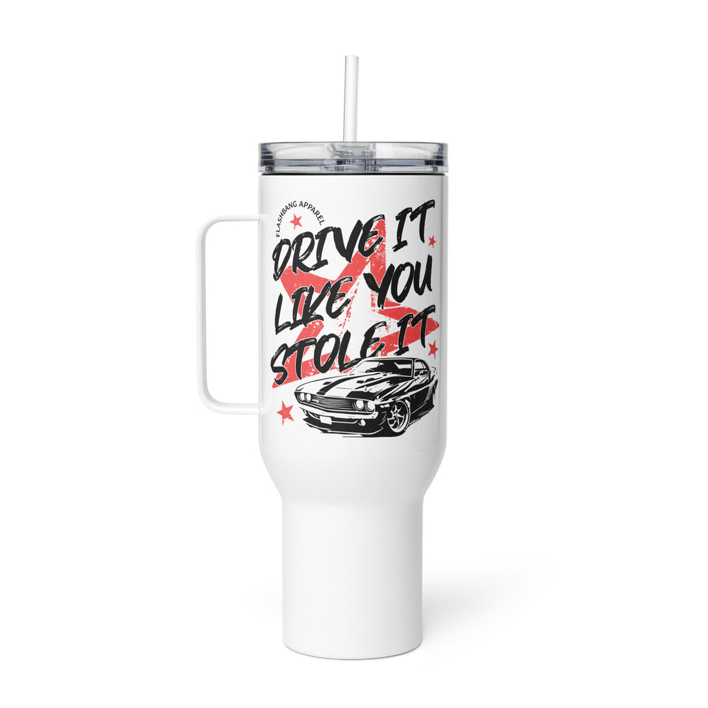 White tumbler with handle and car design on a white background