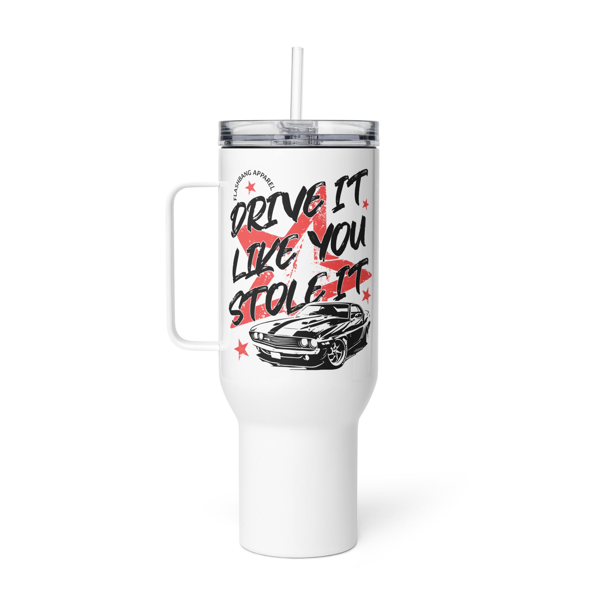 White tumbler with handle and car design on a white background