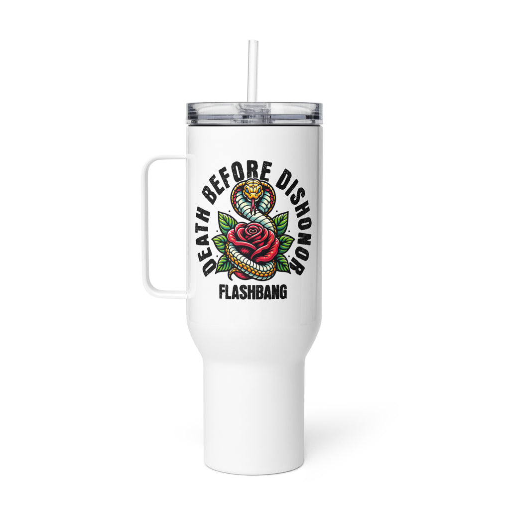 White tumbler with snake and rose design and 'Death Before Dishonor Flashbang' text on a white background