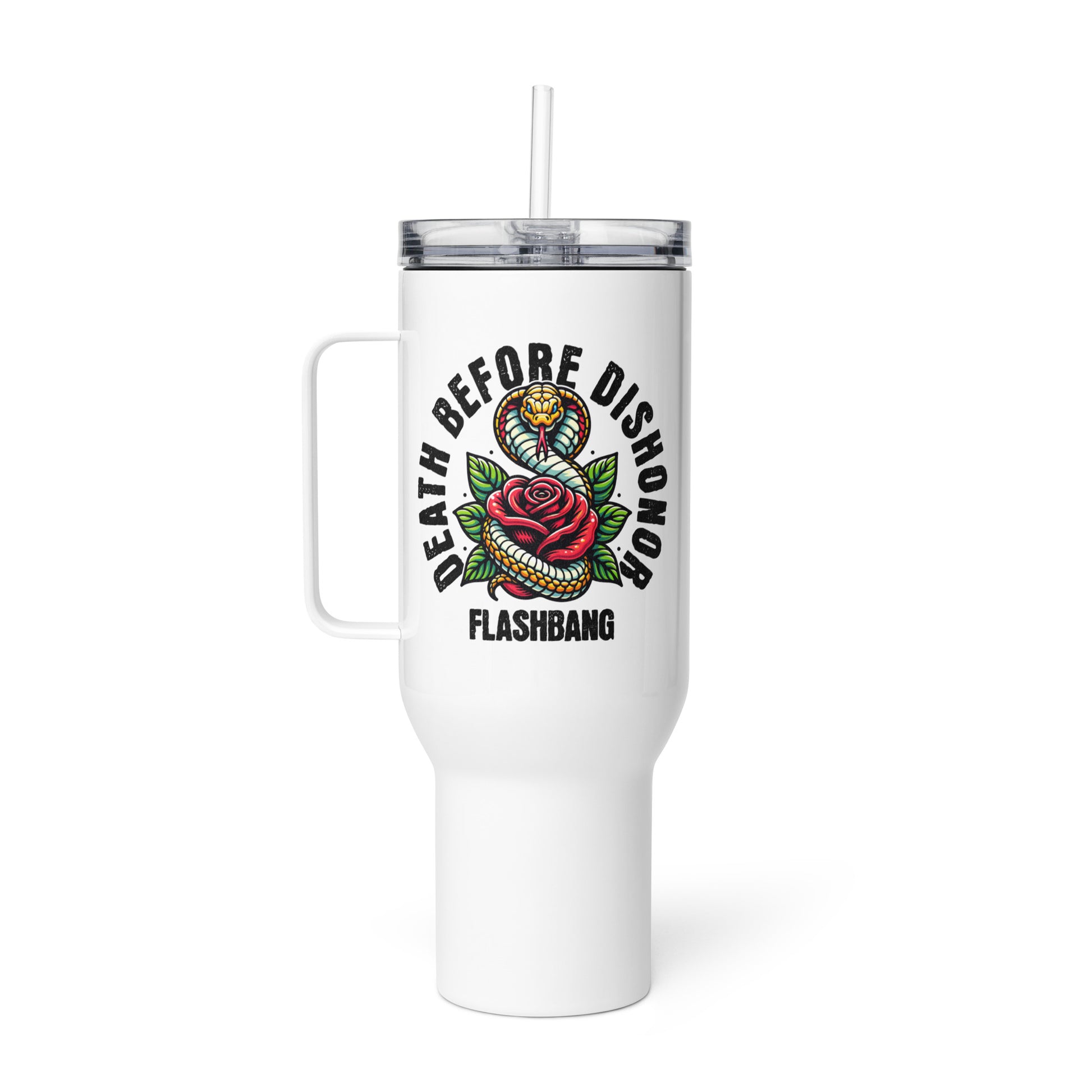 White tumbler with snake and rose design and 'Death Before Dishonor Flashbang' text on a white background