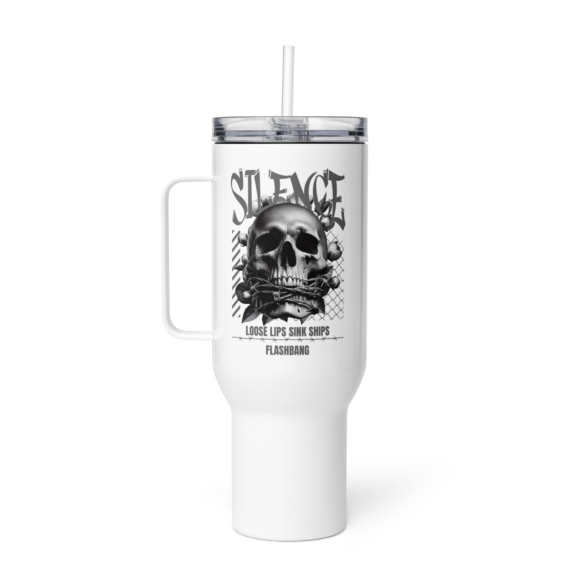 White tumbler with skull design and text on a white background