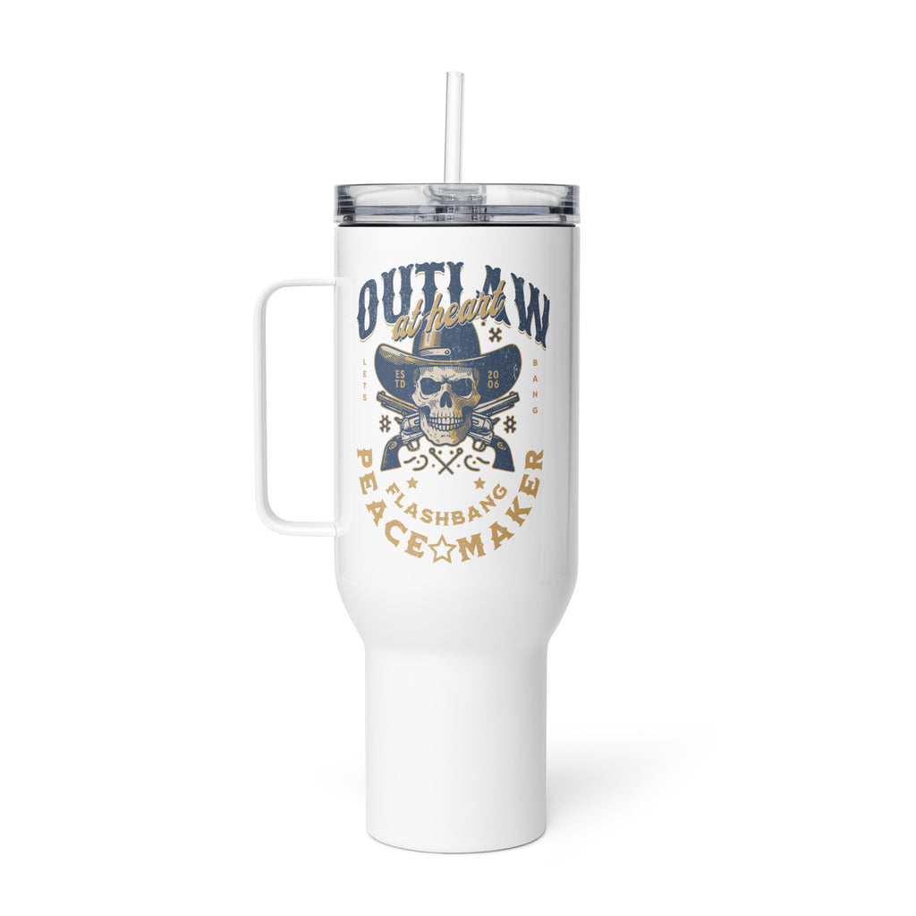 White travel mug with skull design and text on a white background