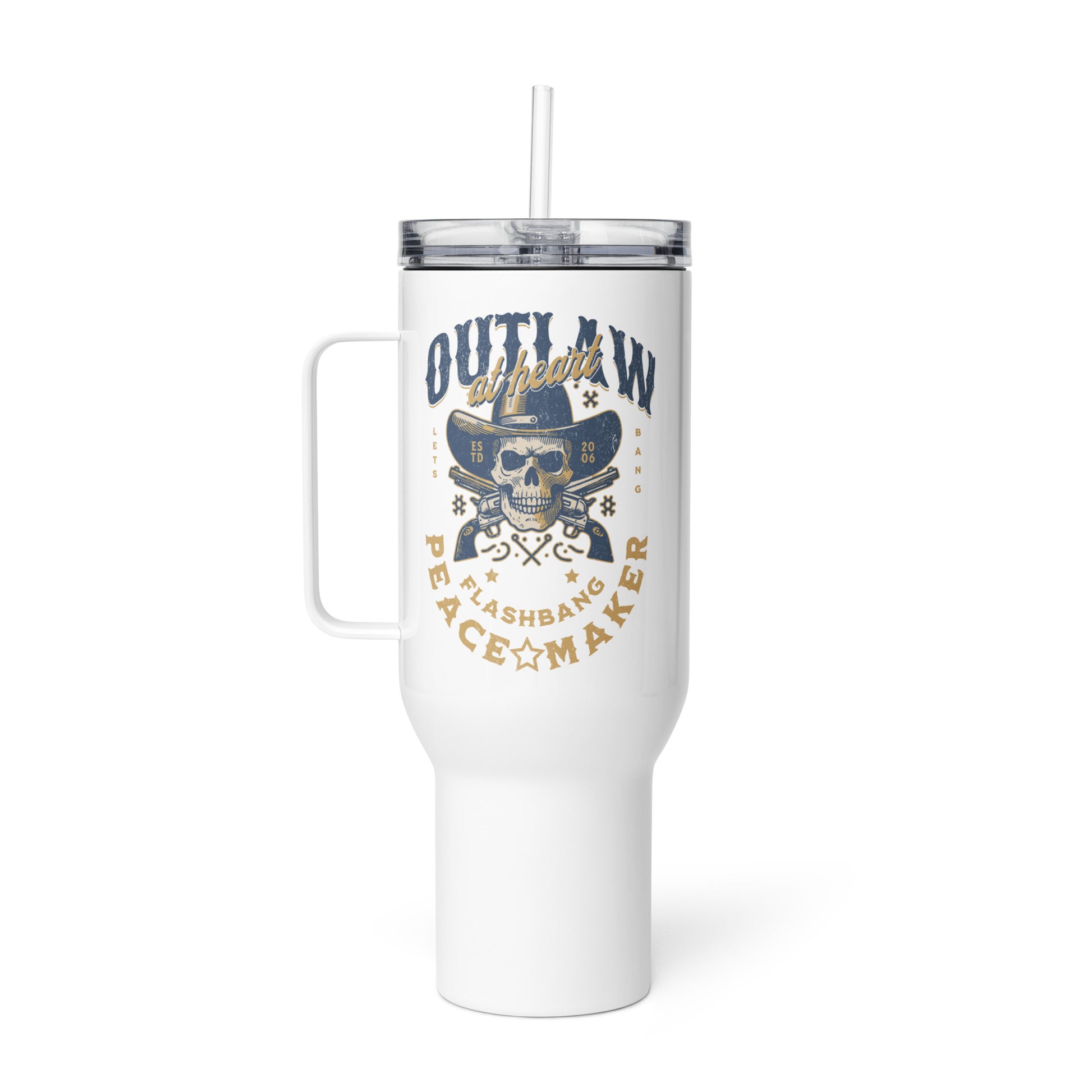 White travel mug with skull design and text on a white background