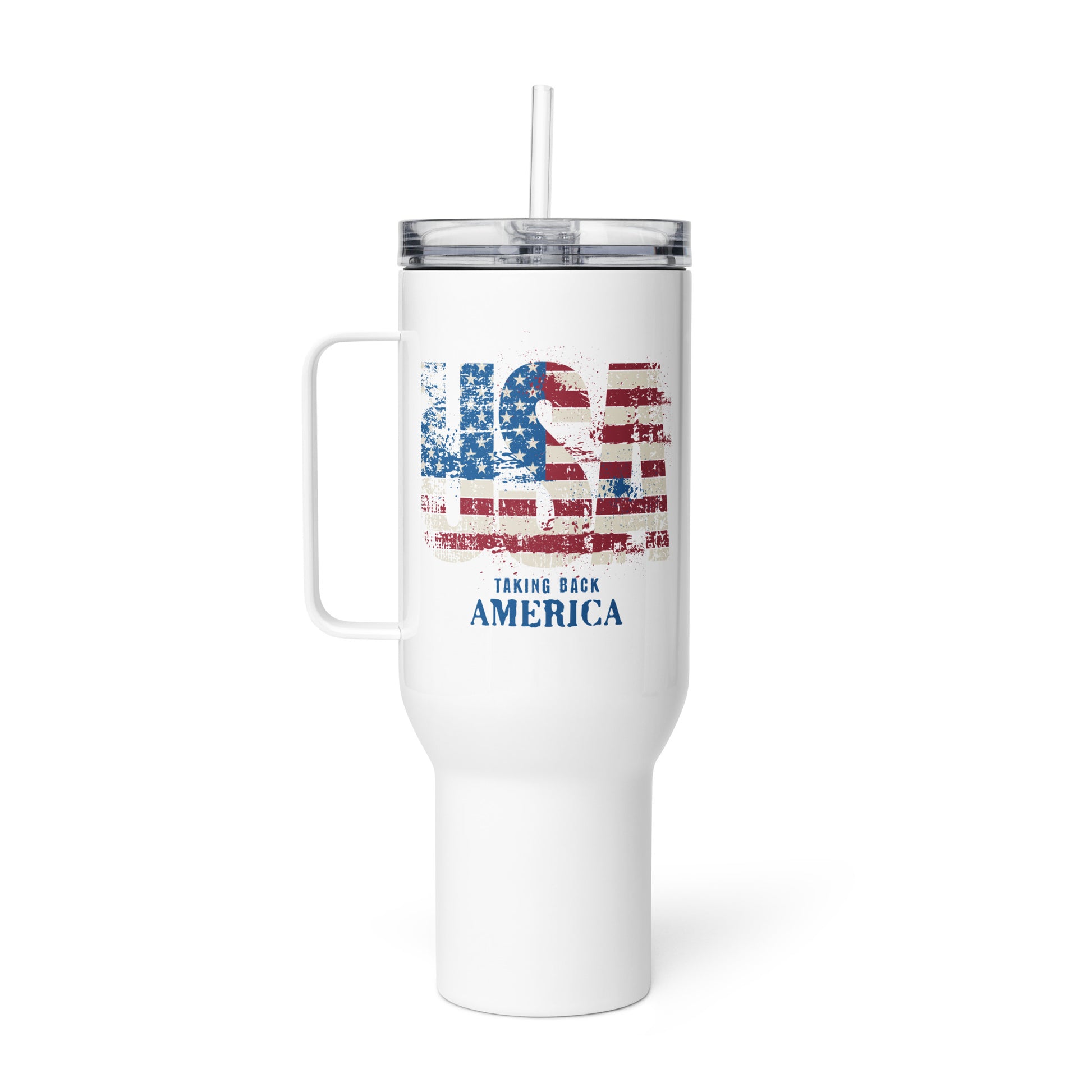 White travel mug with American flag design and text on a white background