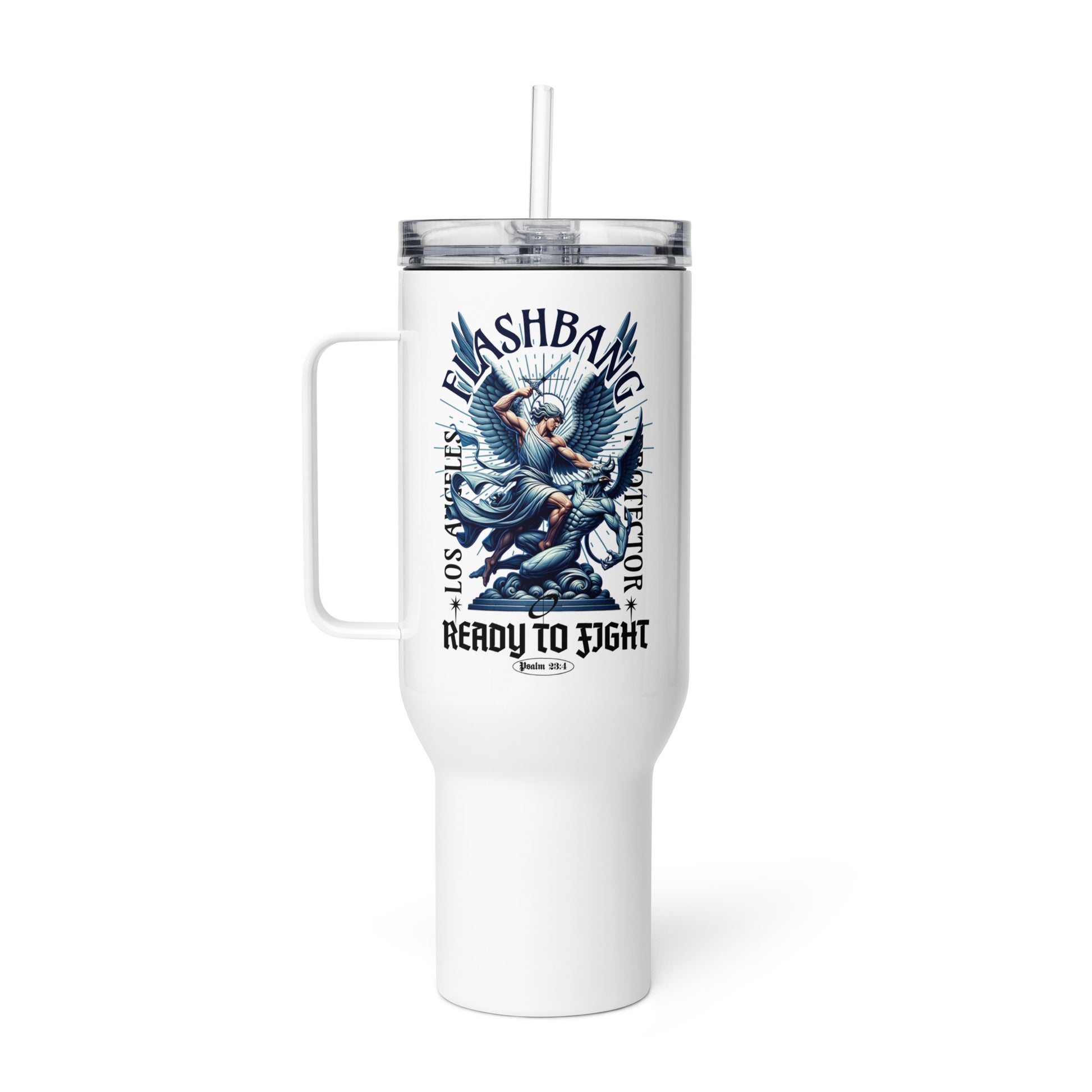 White tumbler with angel design and text on a white background
