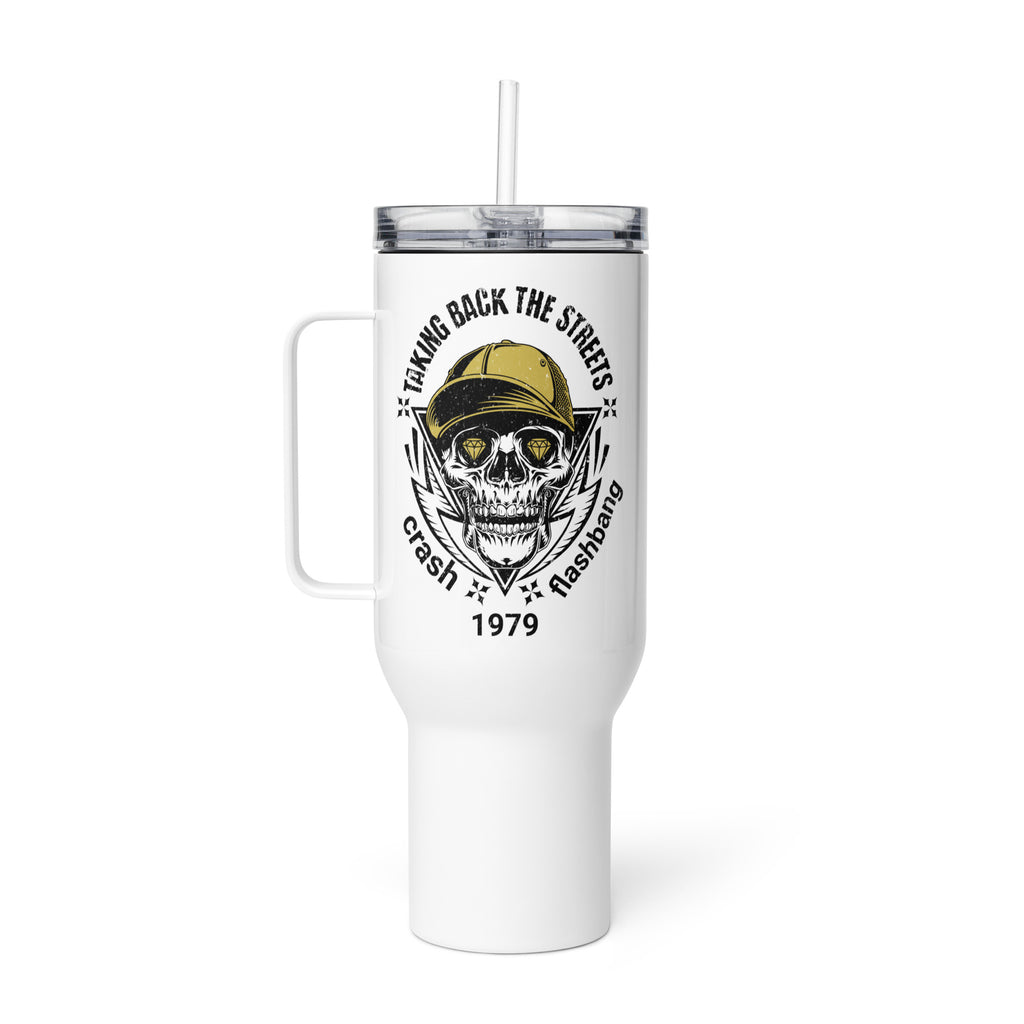White tumbler with skull design and text on a white background