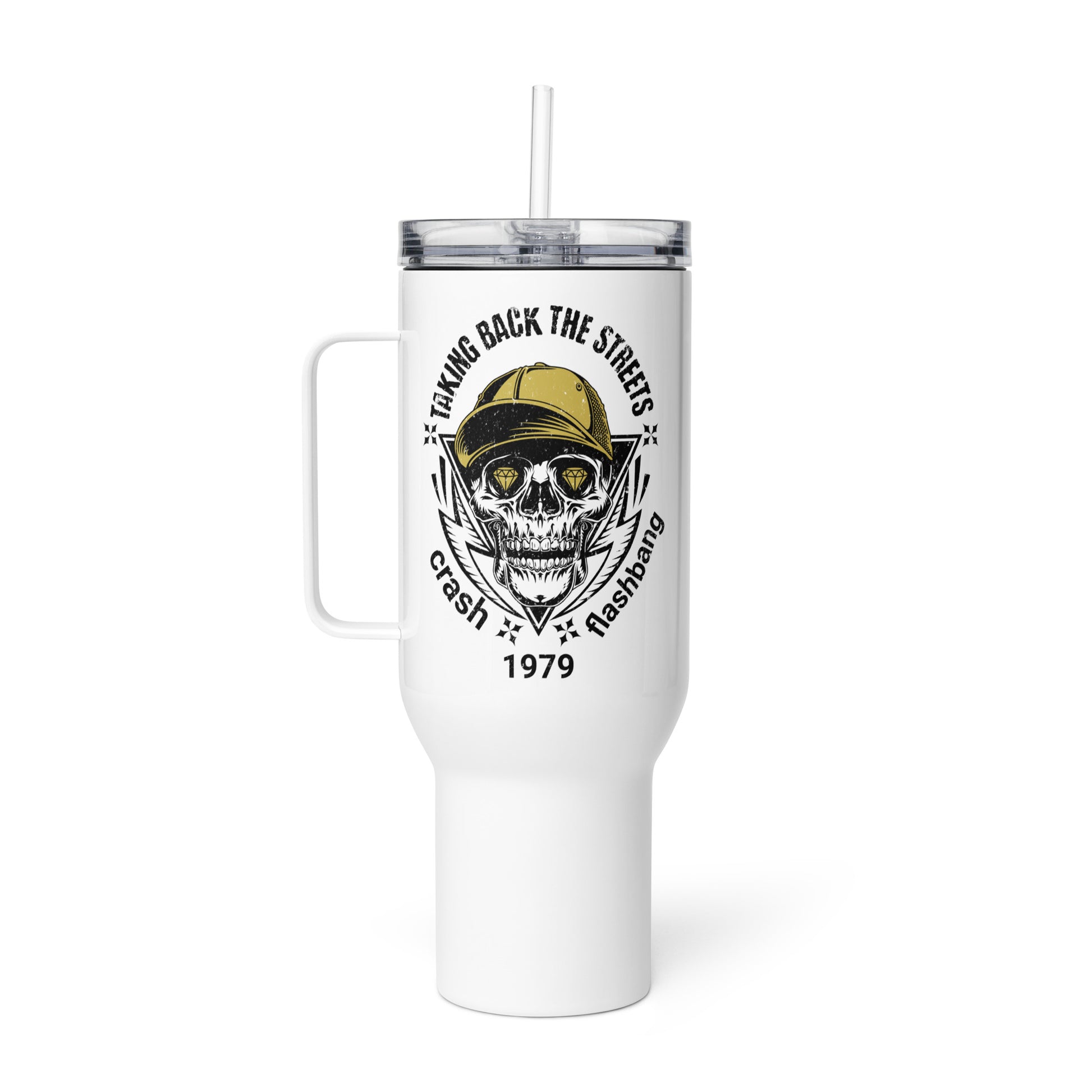 White tumbler with skull design and text on a white background