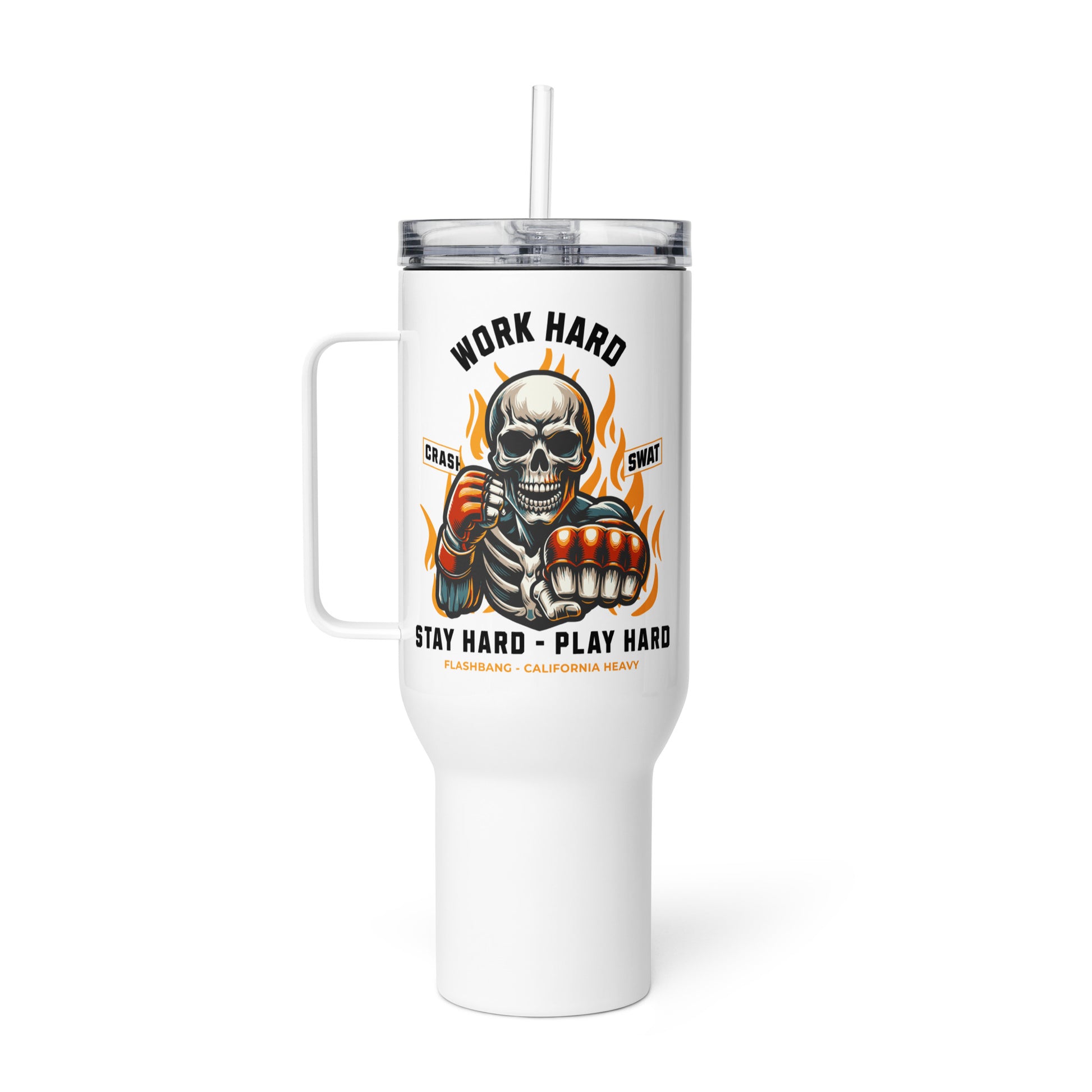 White tumbler with a skull design and motivational text on a white background