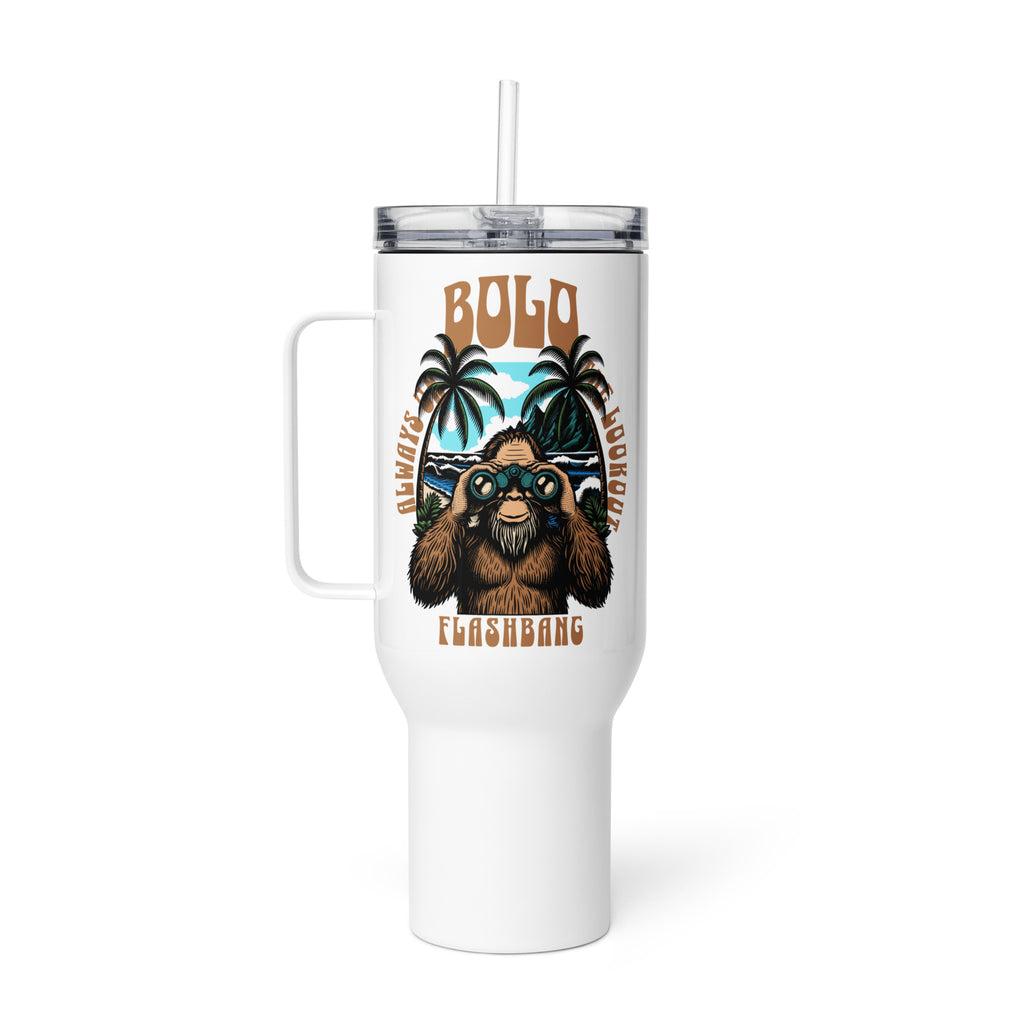 White tumbler with a bear graphic and text on a white background